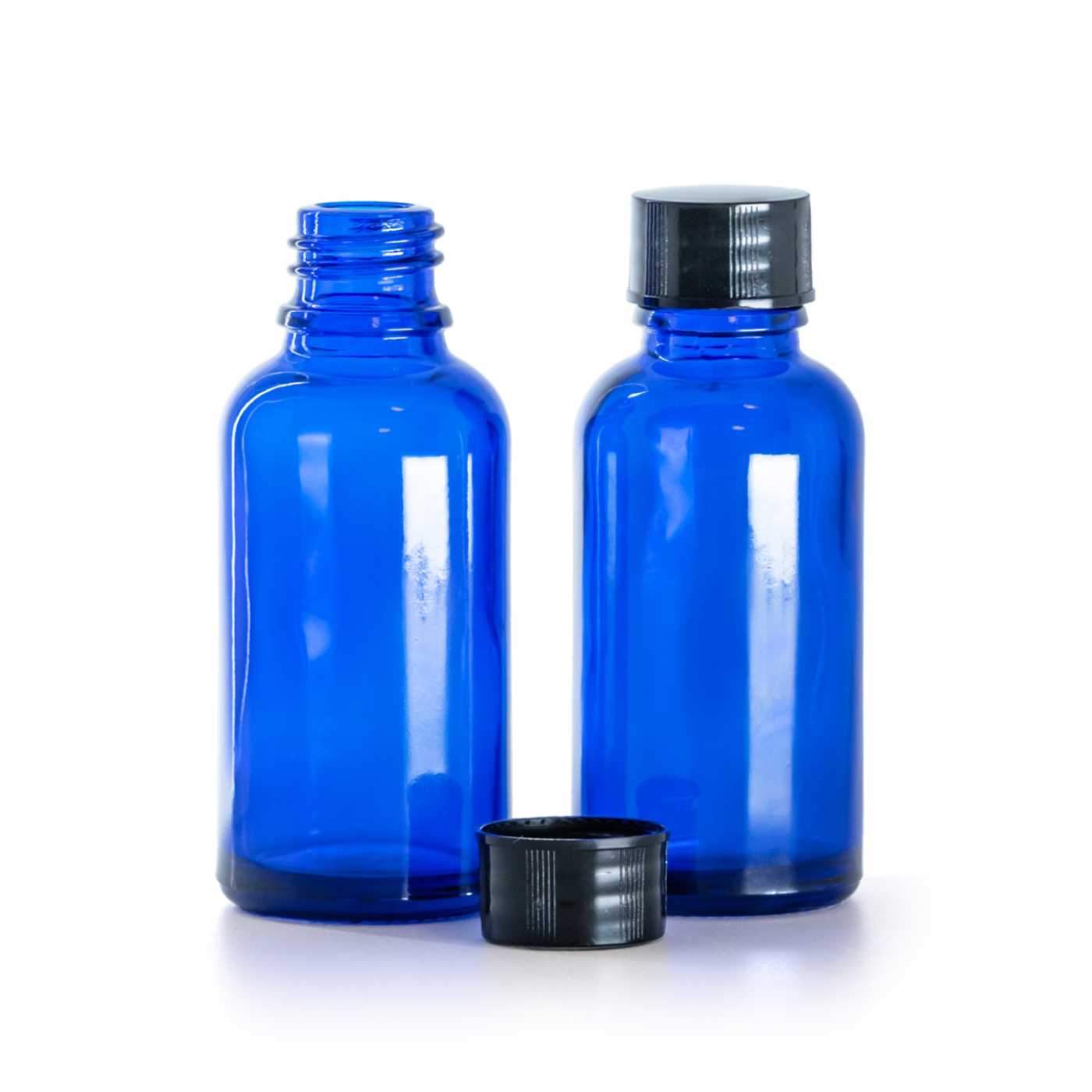 Butelka szklana, niebieska, czarna nakrętka, 30 ml