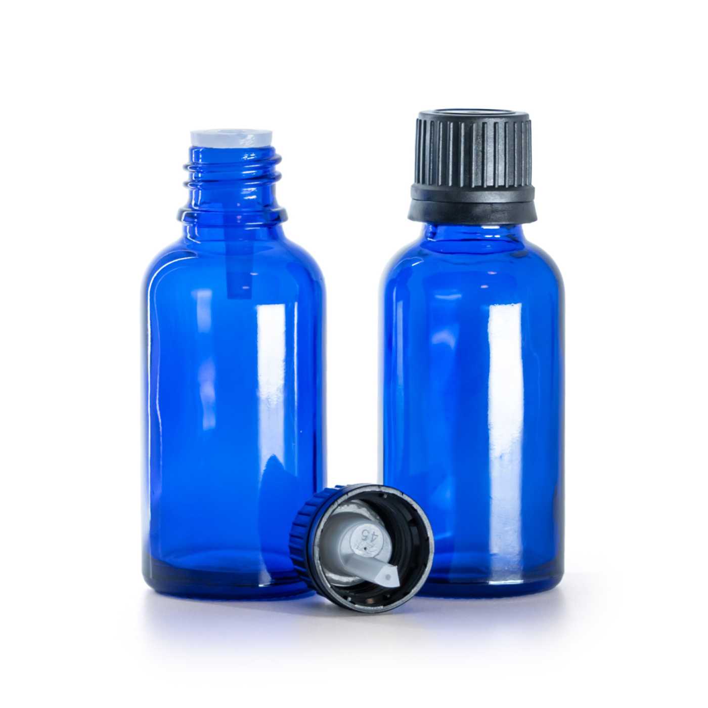Blaues Glasfläschchen, schwarzer Verschluss mit Tropfaufsatz, 30 ml