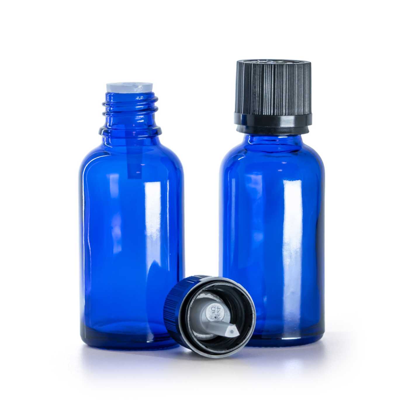Blaue Glasflasche, schwarzer Sicherheitsverschluss mit Tropfeinsatz, 30 ml
