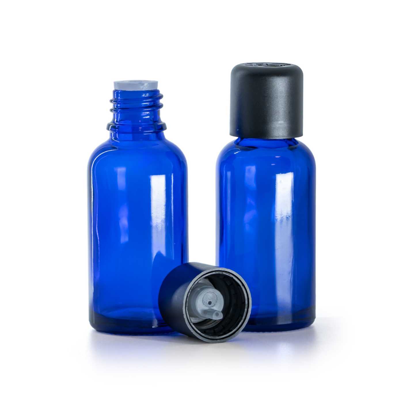 Blaue Glasflasche, schwarzer Originalitätsverschluss mit Tropfeinsatz, 30 ml