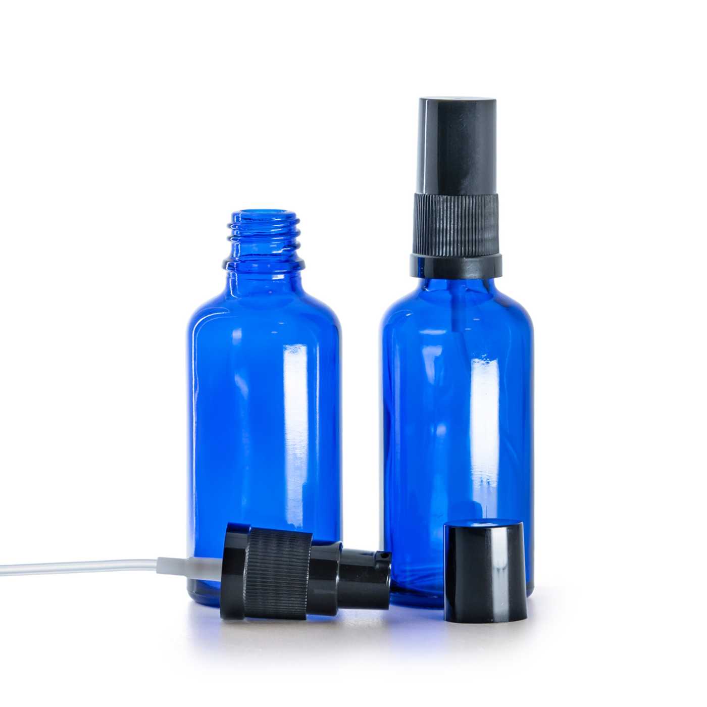 Kék üvegpalack fekete krémadagoló pumpával és fekete kupakkal, 50 ml