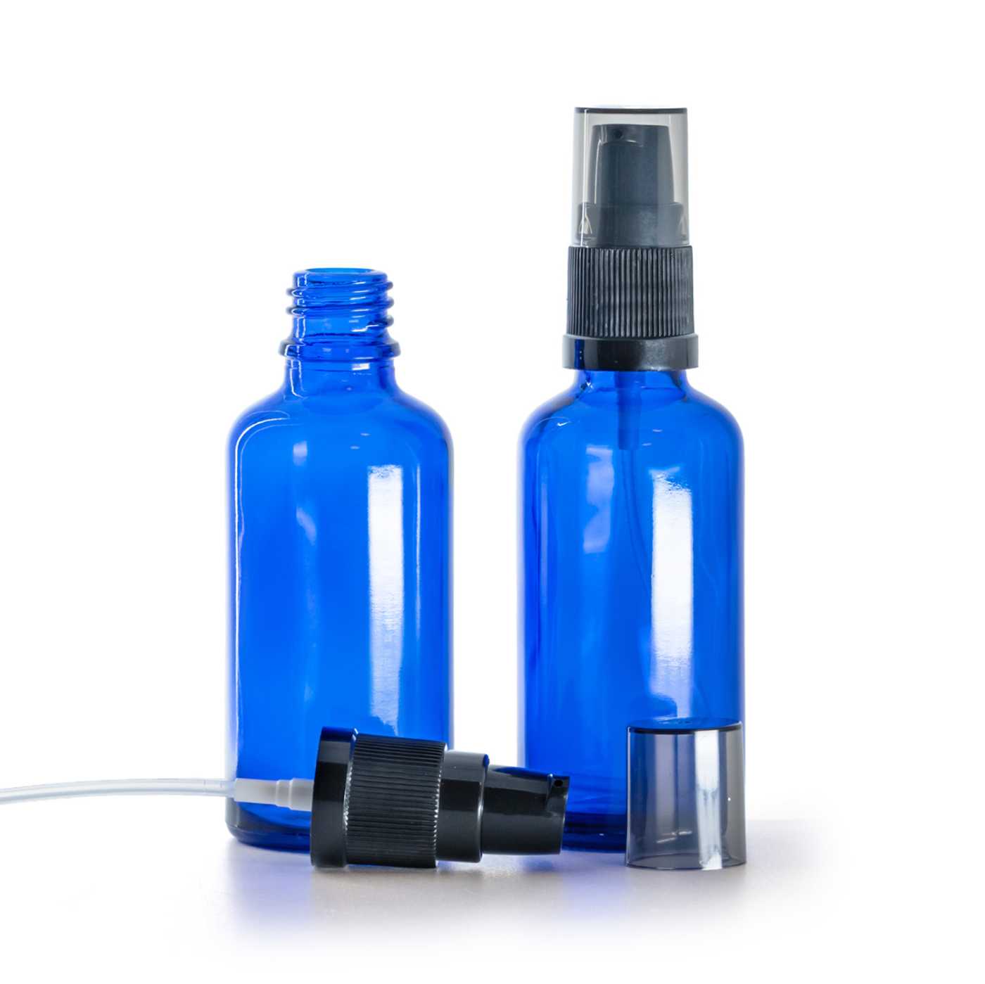 Flacon en verre bleu, distributeur de crème avec surcapuchon fumé, 50 ml
