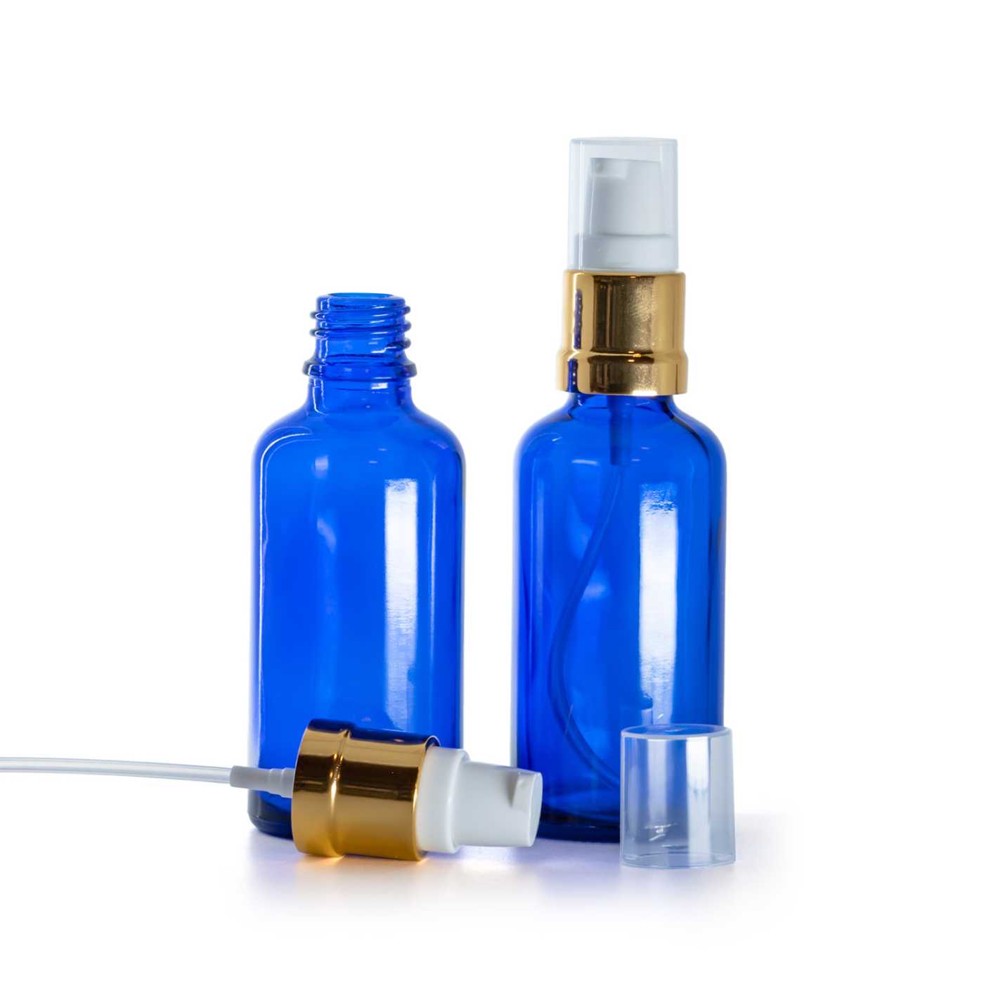 Kék üvegpalack fényes fehér-arany adagolóval, 50 ml