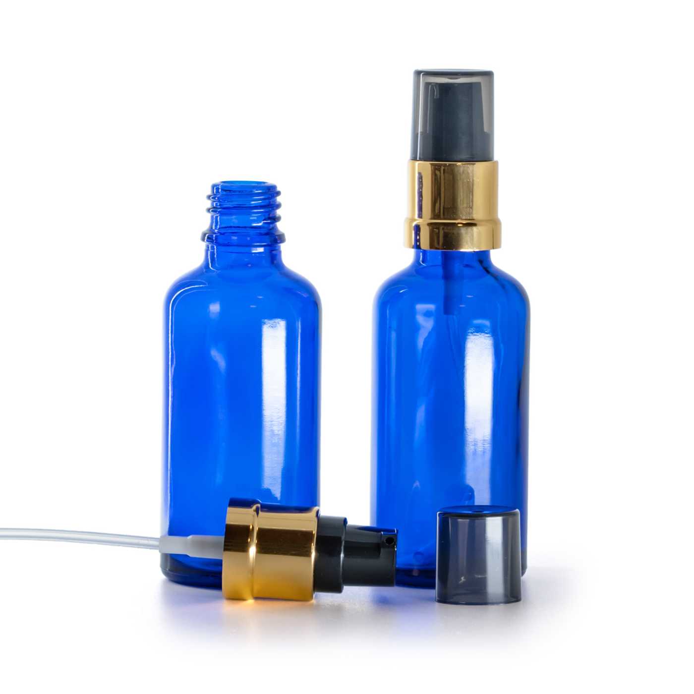 Kék üvegcse, fekete-arany fényes pumpa füstös felső kupakkal, 50 ml