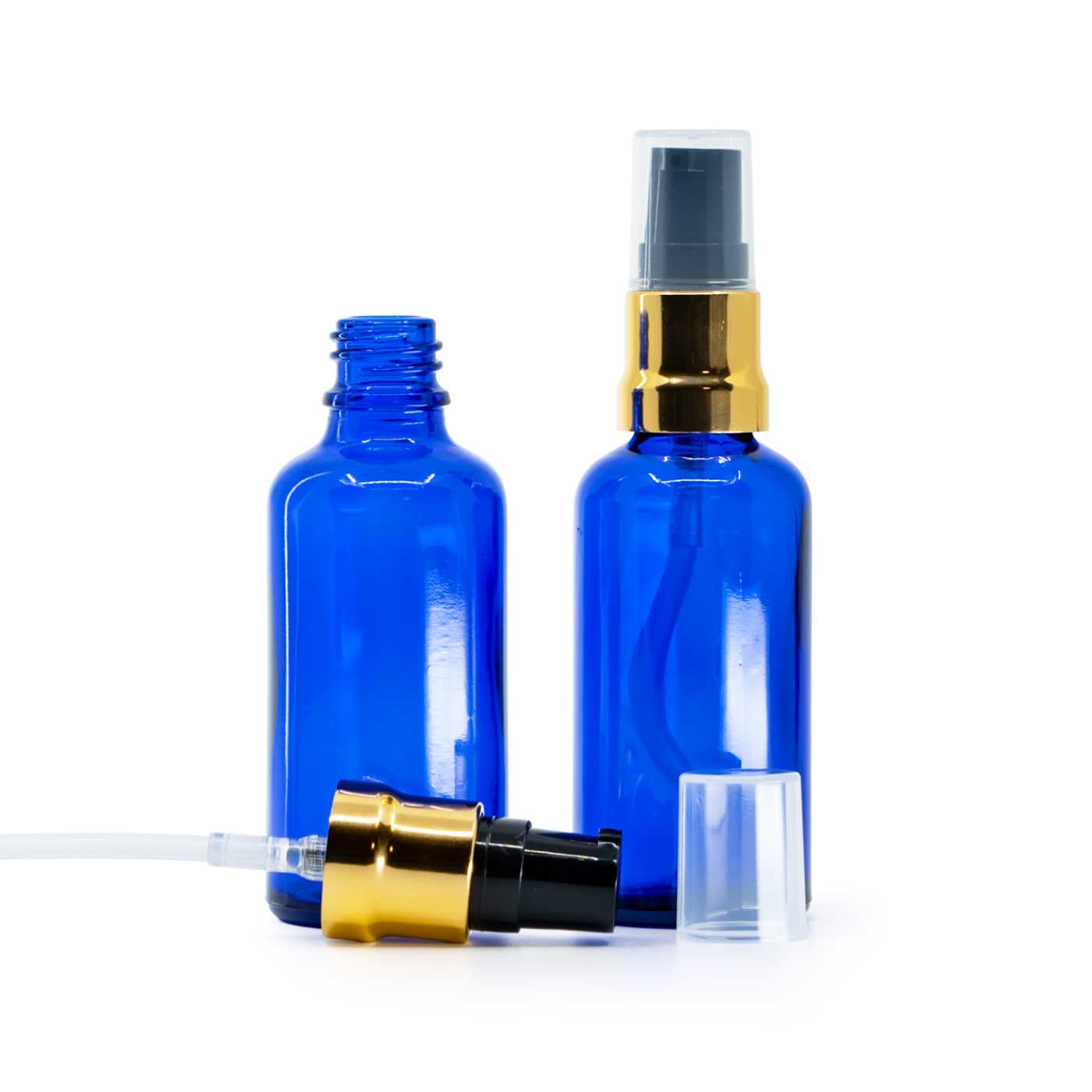 Kék üvegpalack, fényes fekete adagoló arany díszítéssel átlátszó kupakkal, 50 ml