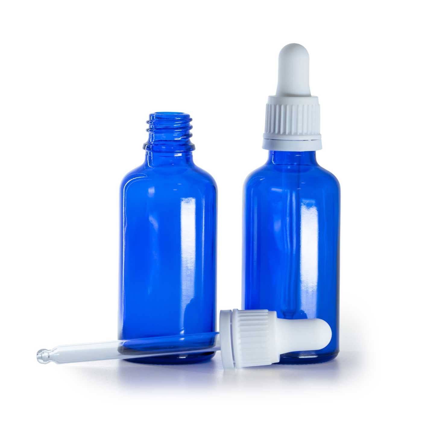 Kék üvegpalack fehér pipettával 50 ml