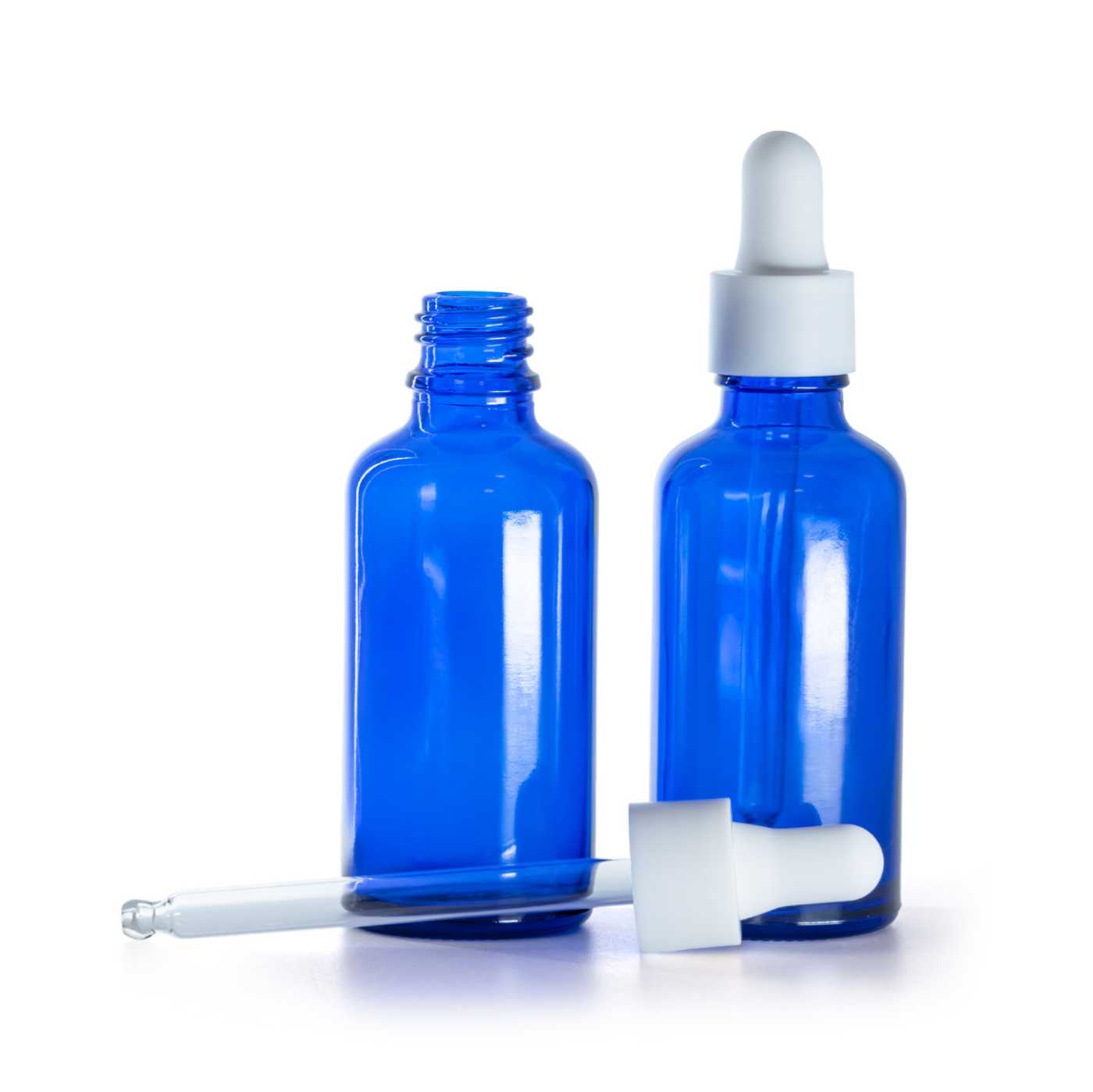 Kék üvegpalack fehér matt sima pipettával, 50 ml