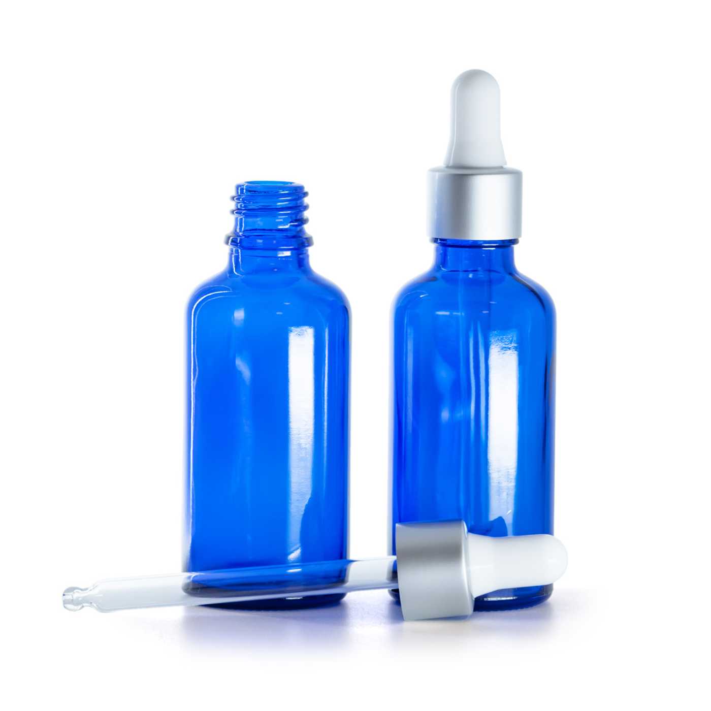 Flacon en verre bleu, compte-gouttes argent mat, 50 ml