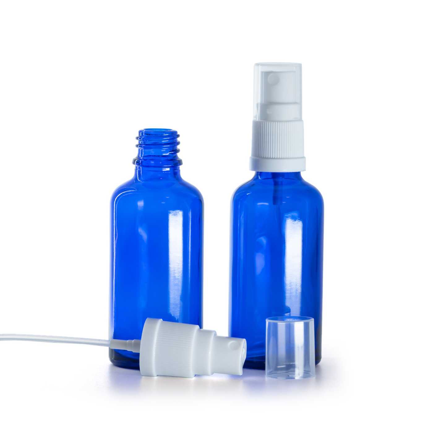 Flacon en verre bleu avec pompe spray blanche 50 ml