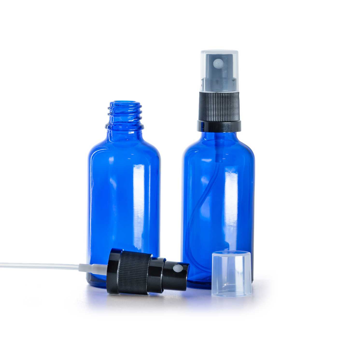 Butelka szklana, niebieska, czarny atomizer, 50 ml