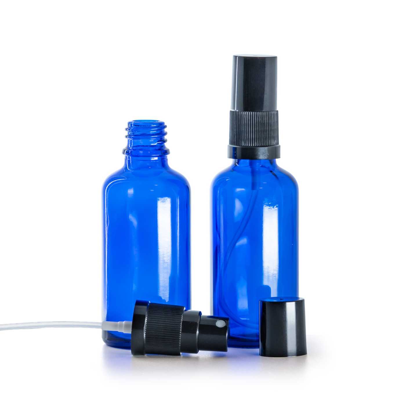 Butelka szklana, niebieska, czarny atomizer, czarna nakładka, 50 ml