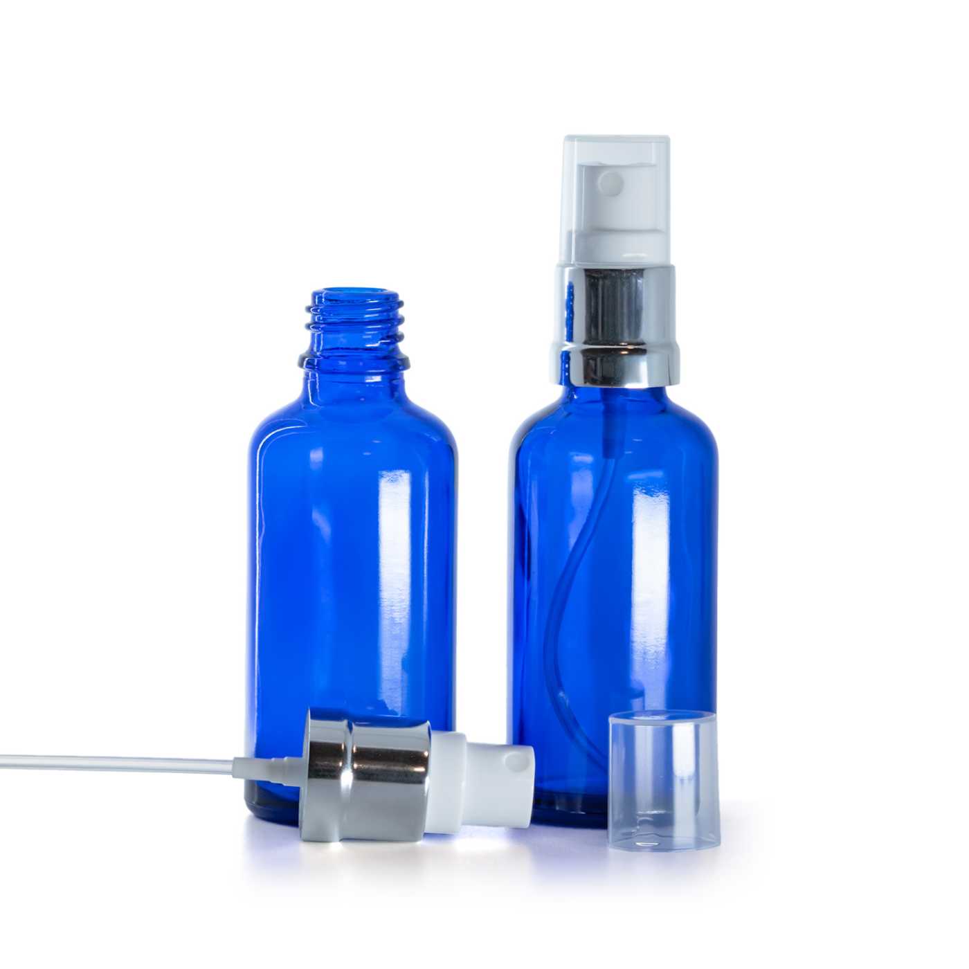 Butelka szklana, niebieska, biało-srebrny atomizer, 50 ml