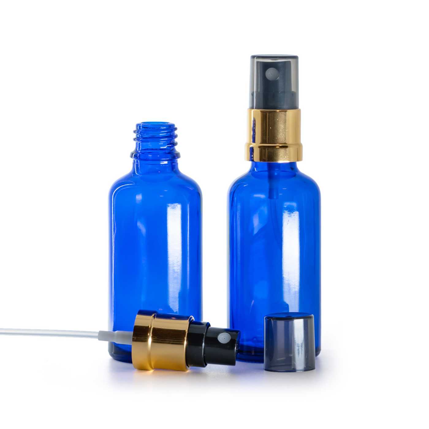 Kék üvegcse, fekete-arany szórófej, füstös felső kupak, 50 ml