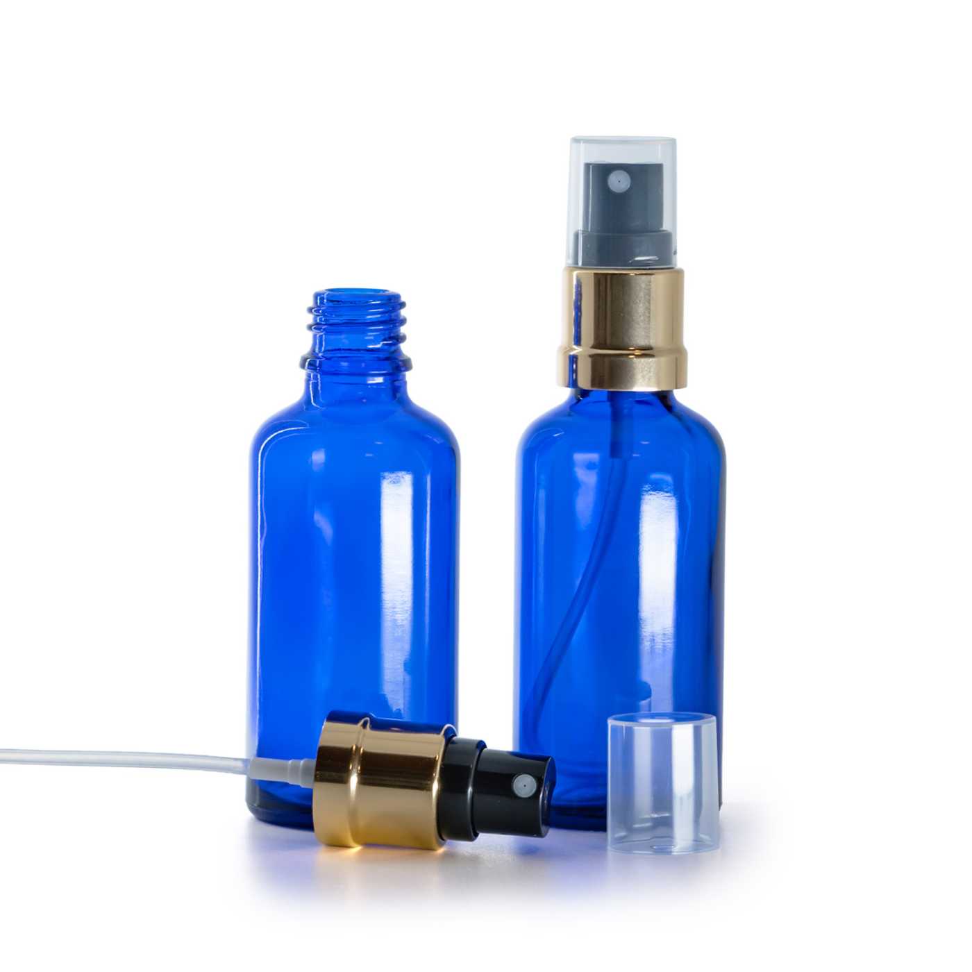 Flacon en verre bleu avec pompe spray noir et or 50 ml
