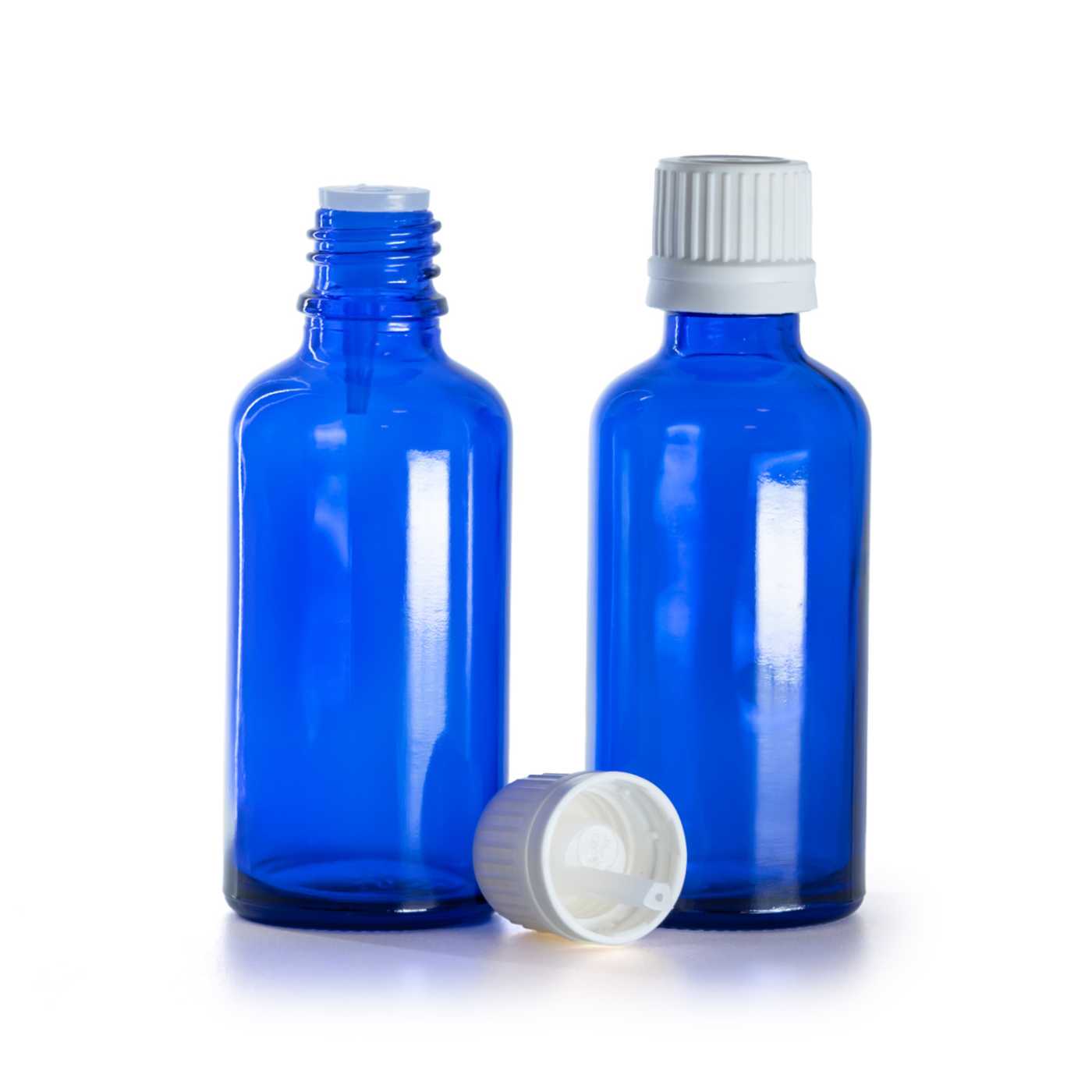 Kék üvegcse, fehér gyermekzáras kupak belső cseppentővel, 50 ml