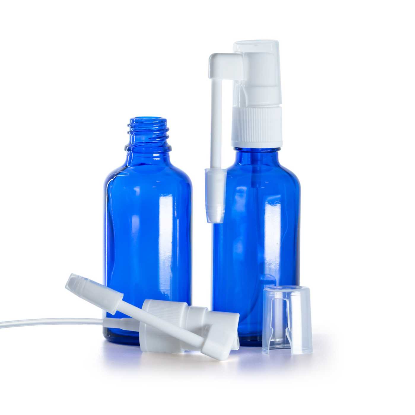 Kék üvegpalack, szájpermet szórófej, 50 ml