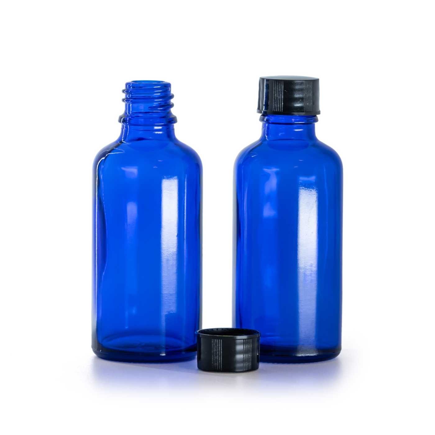 Butelka szklana, niebieska, czarna nakrętka, 50 ml