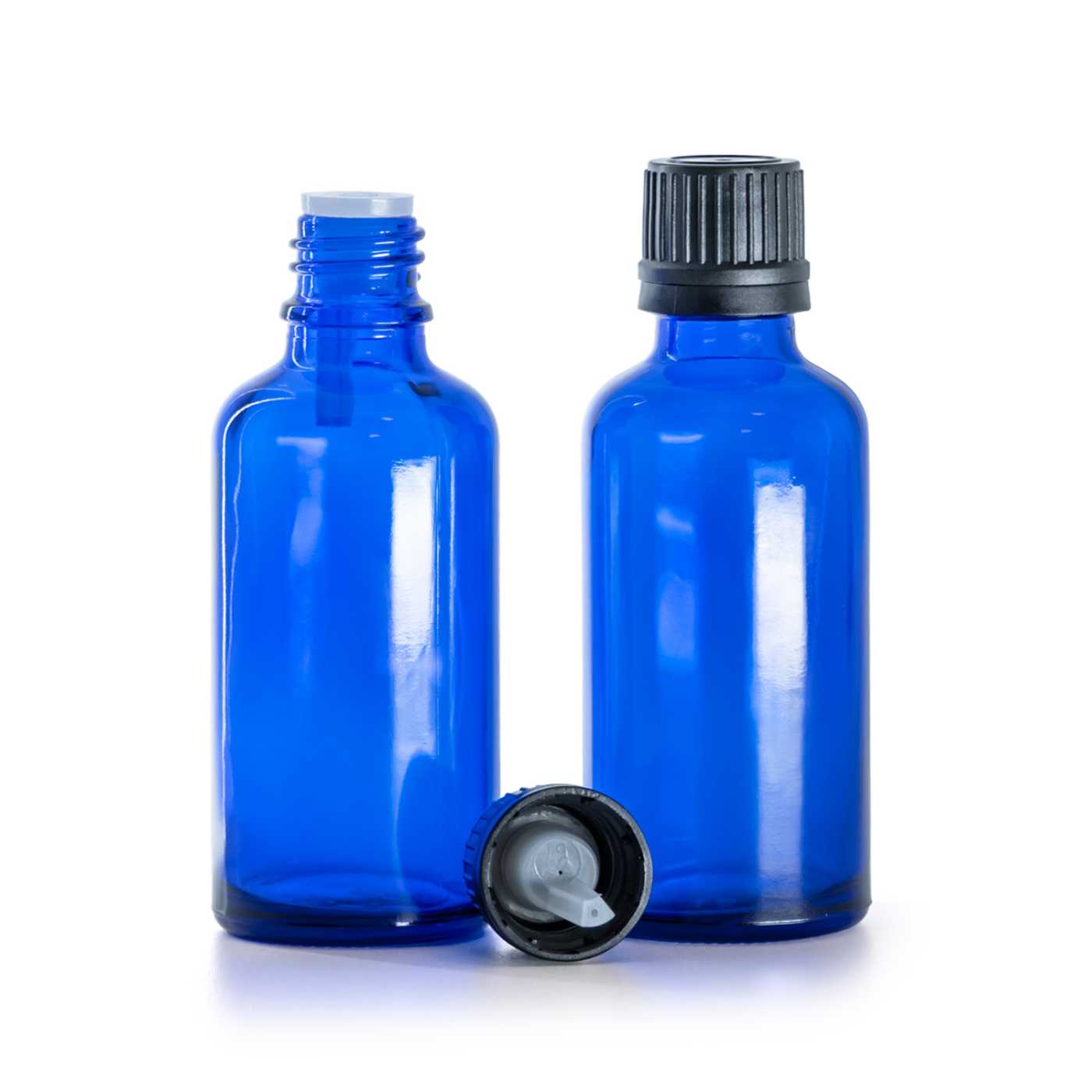 Kék üvegcse, fekete kupak pipettával, 50 ml