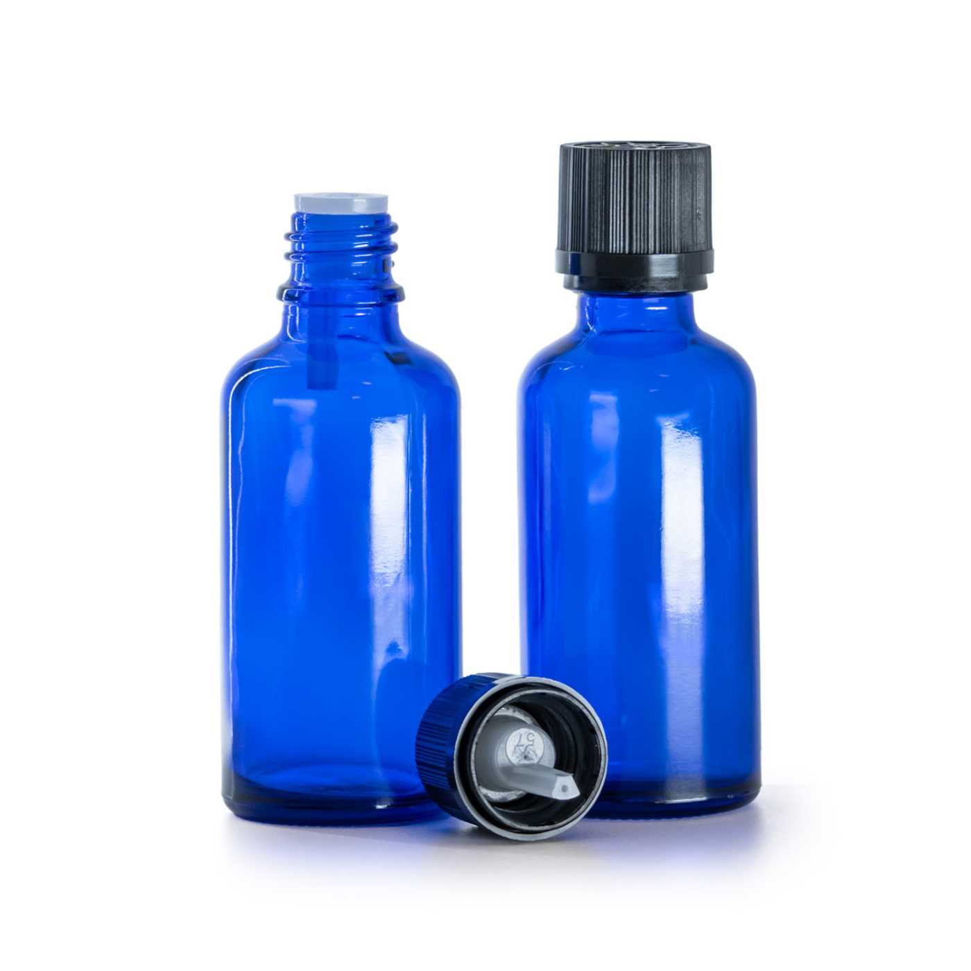 Flacon en verre bleu 50 ml avec bouchon de sécurité noir strié