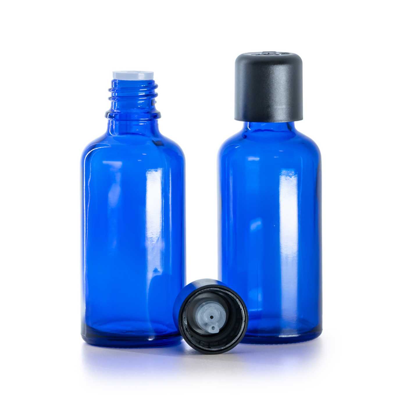 Kék üvegpalack 50 ml fekete, manipulálásbiztos cseppentős kupakkal