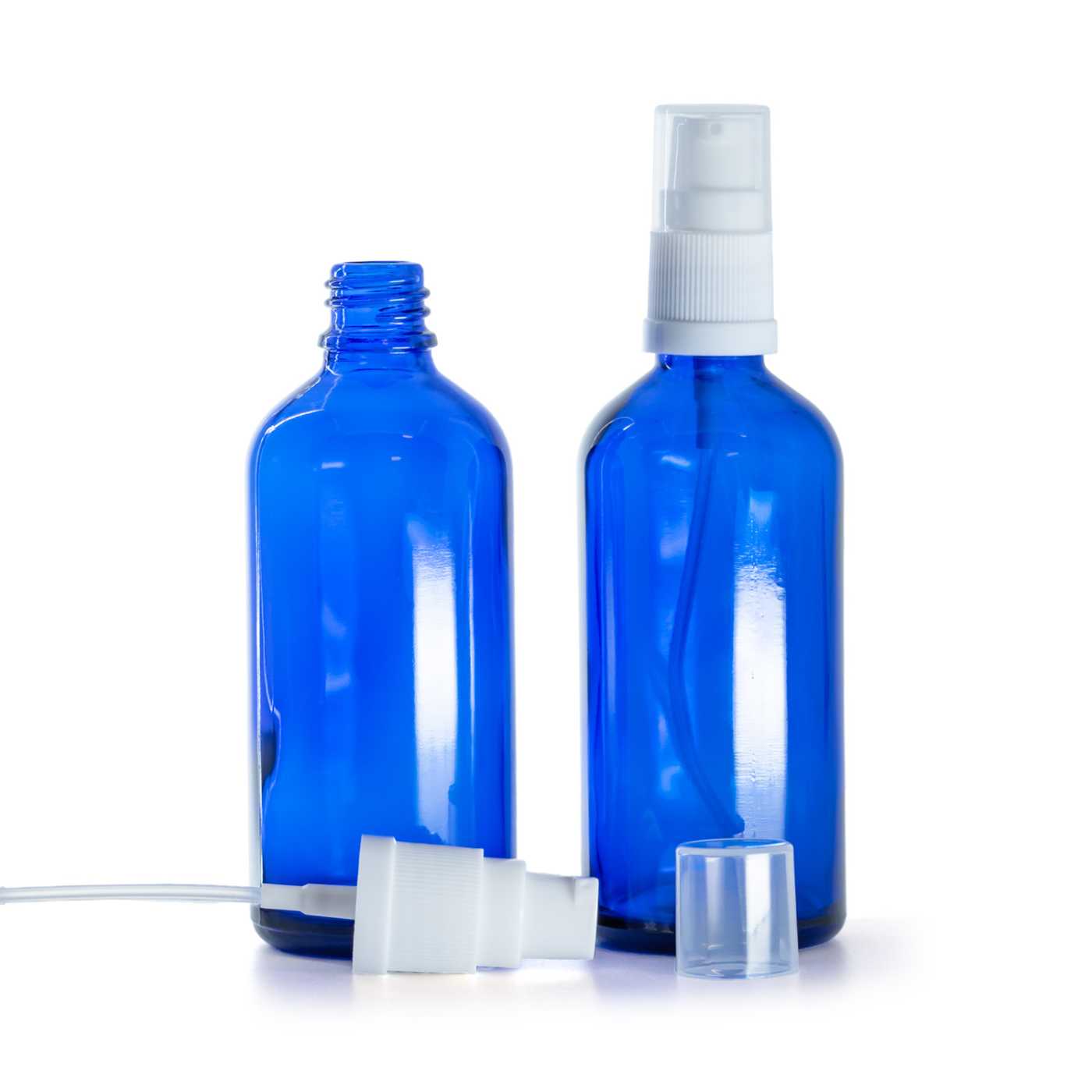 Butelka szklana apteczna, niebieska, biały dozownik, 100 ml