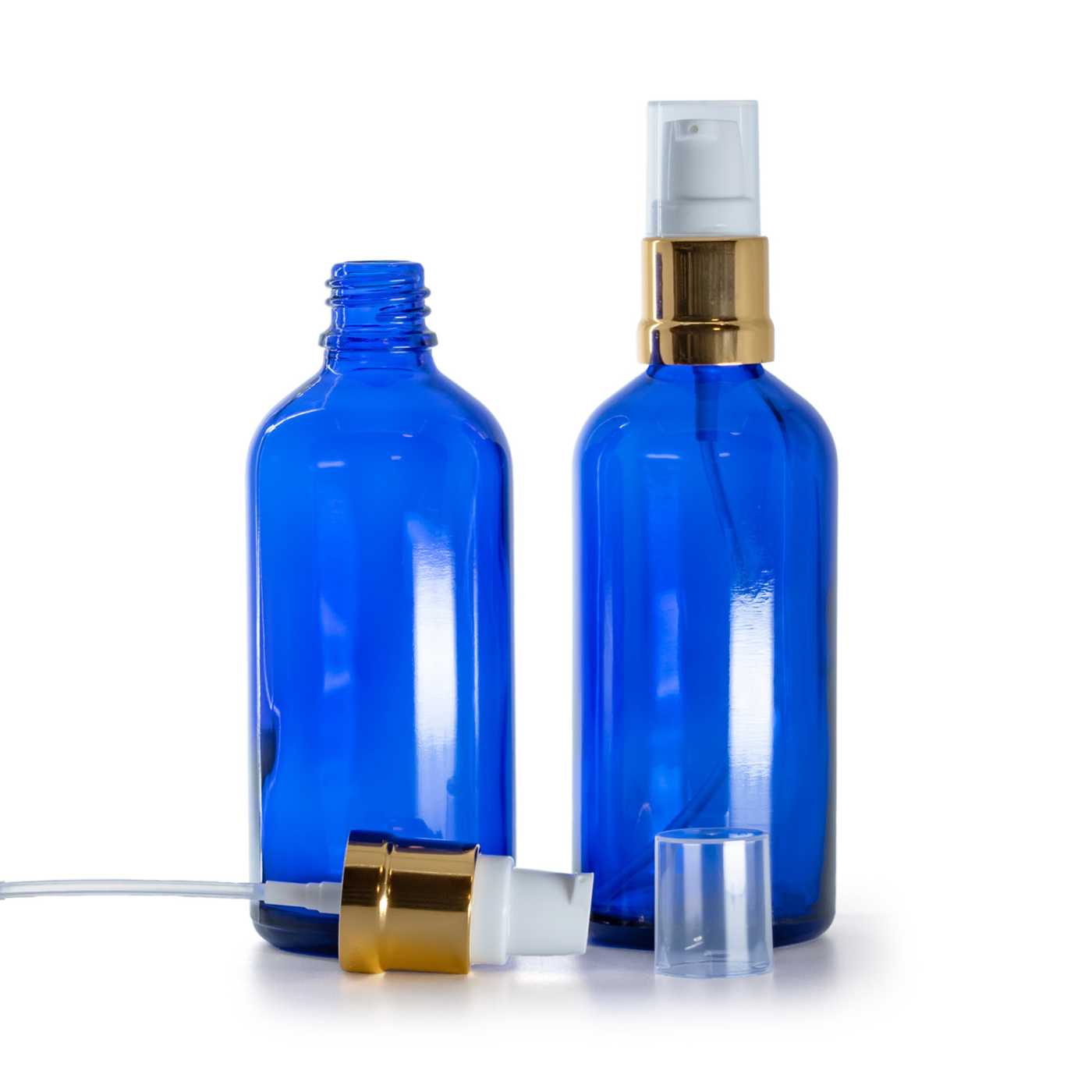 Kék üvegpalack, fényes fehér-arany adagoló, 100 ml
