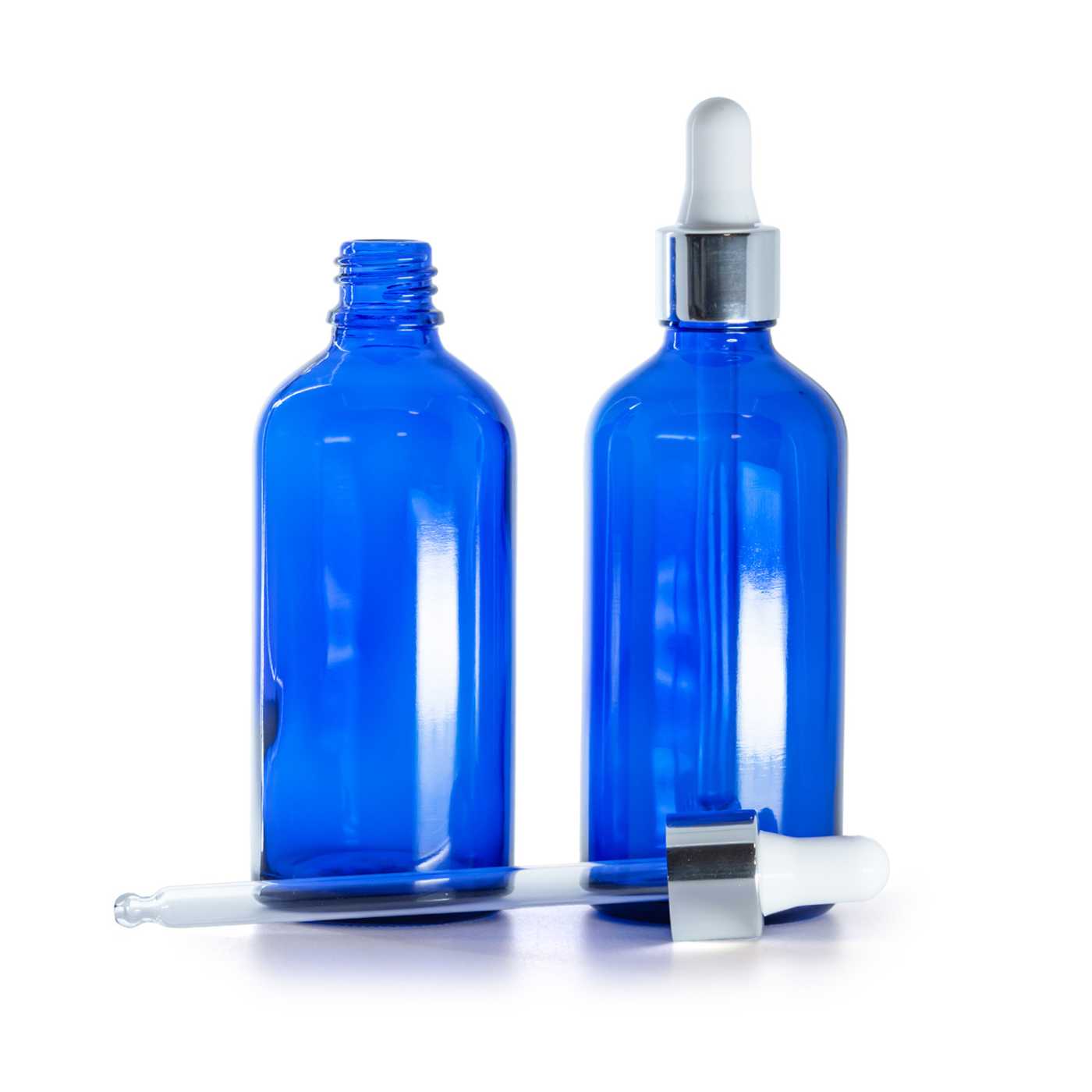 Kék üvegpalack fényes ezüst pipettával, 100 ml