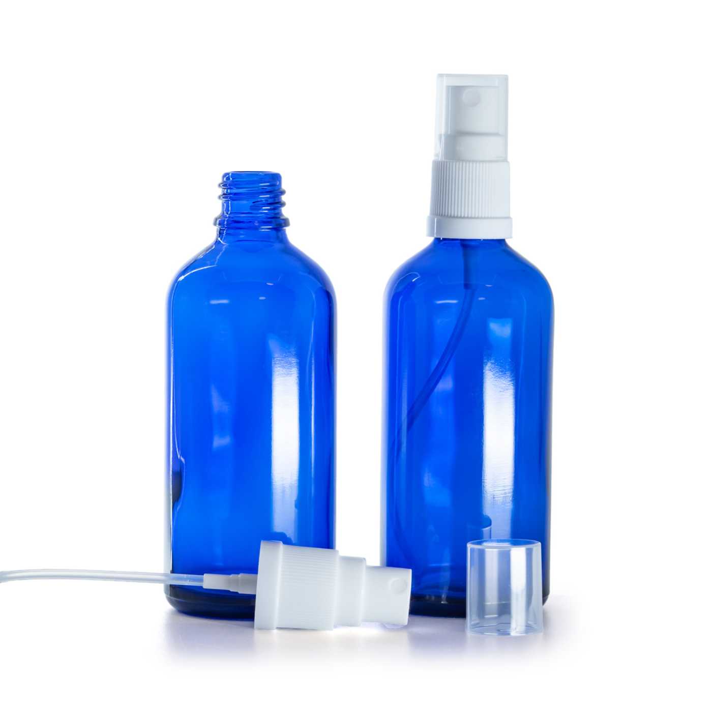 Flacon en verre bleu avec pompe spray blanche 100 ml