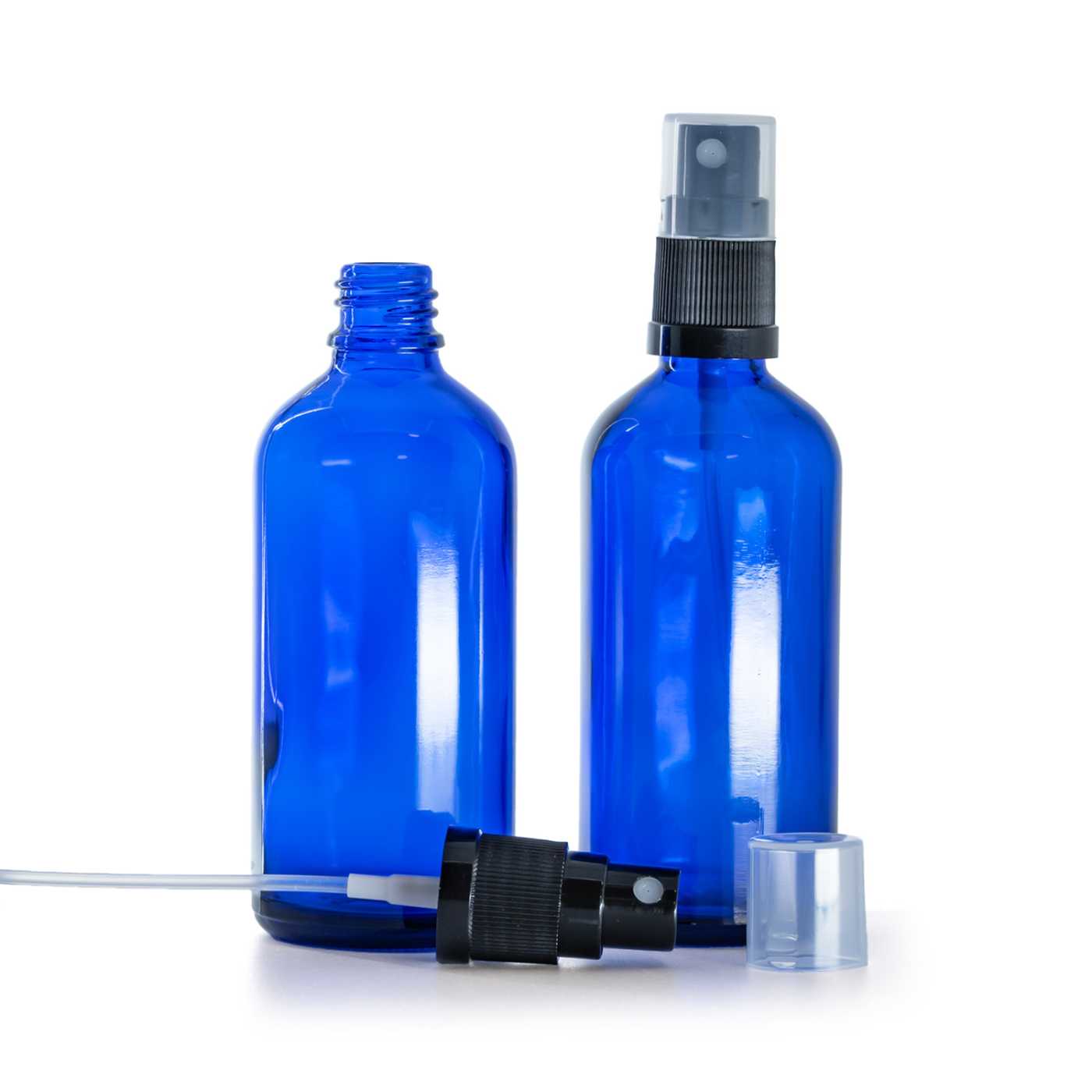 Butelka szklana, niebieska, czarny atomizer, 100 ml