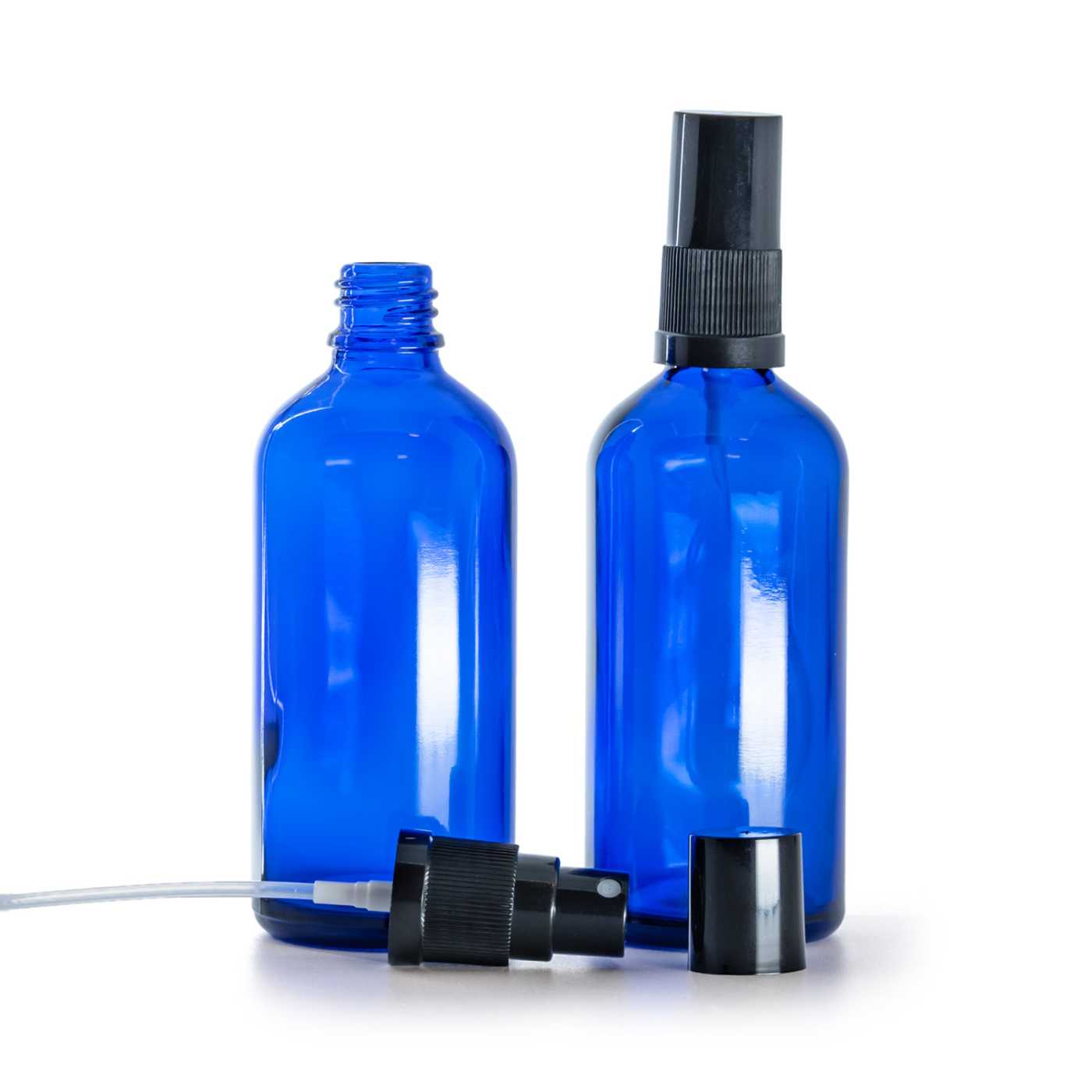 Butelka szklana, niebieska, czarny atomizer, czarna nakładka, 100 ml