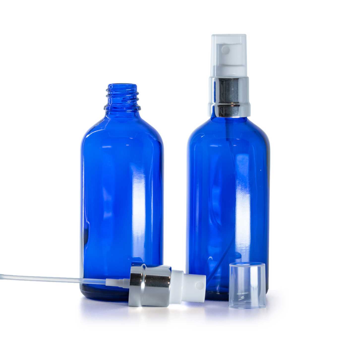 Butelka szklana, niebieska, biało-srebrny atomizer, 100 ml