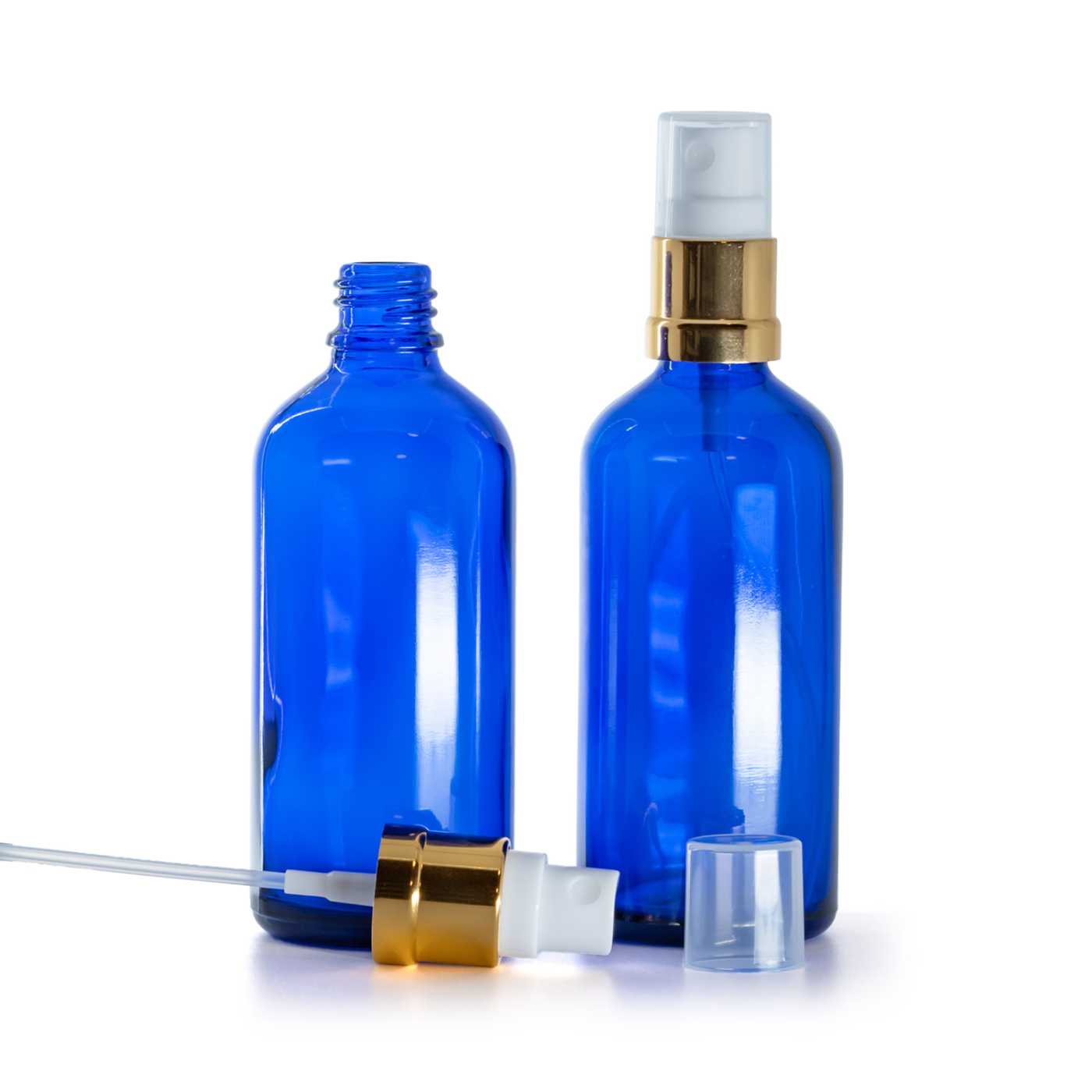 Kék üvegpalack, fehér arany permetezőfej, 100 ml