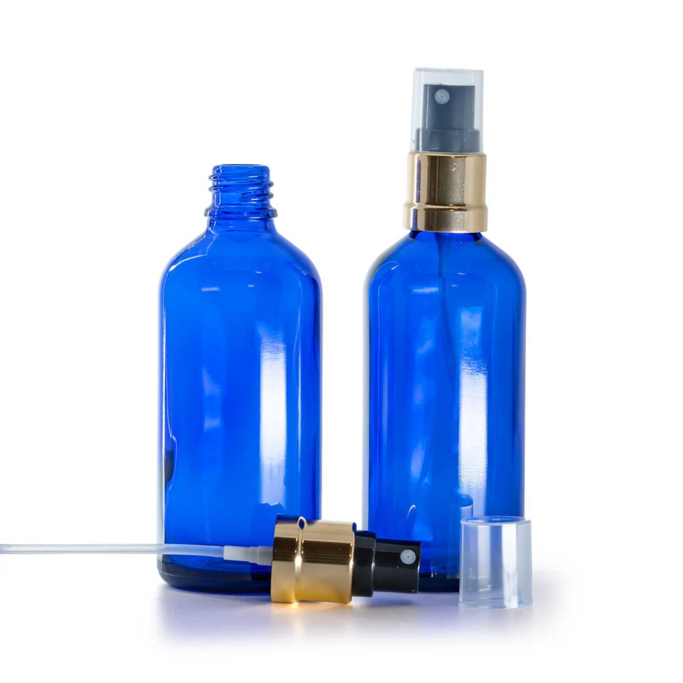 Flacon en verre bleu avec pompe spray noir et or 100 ml
