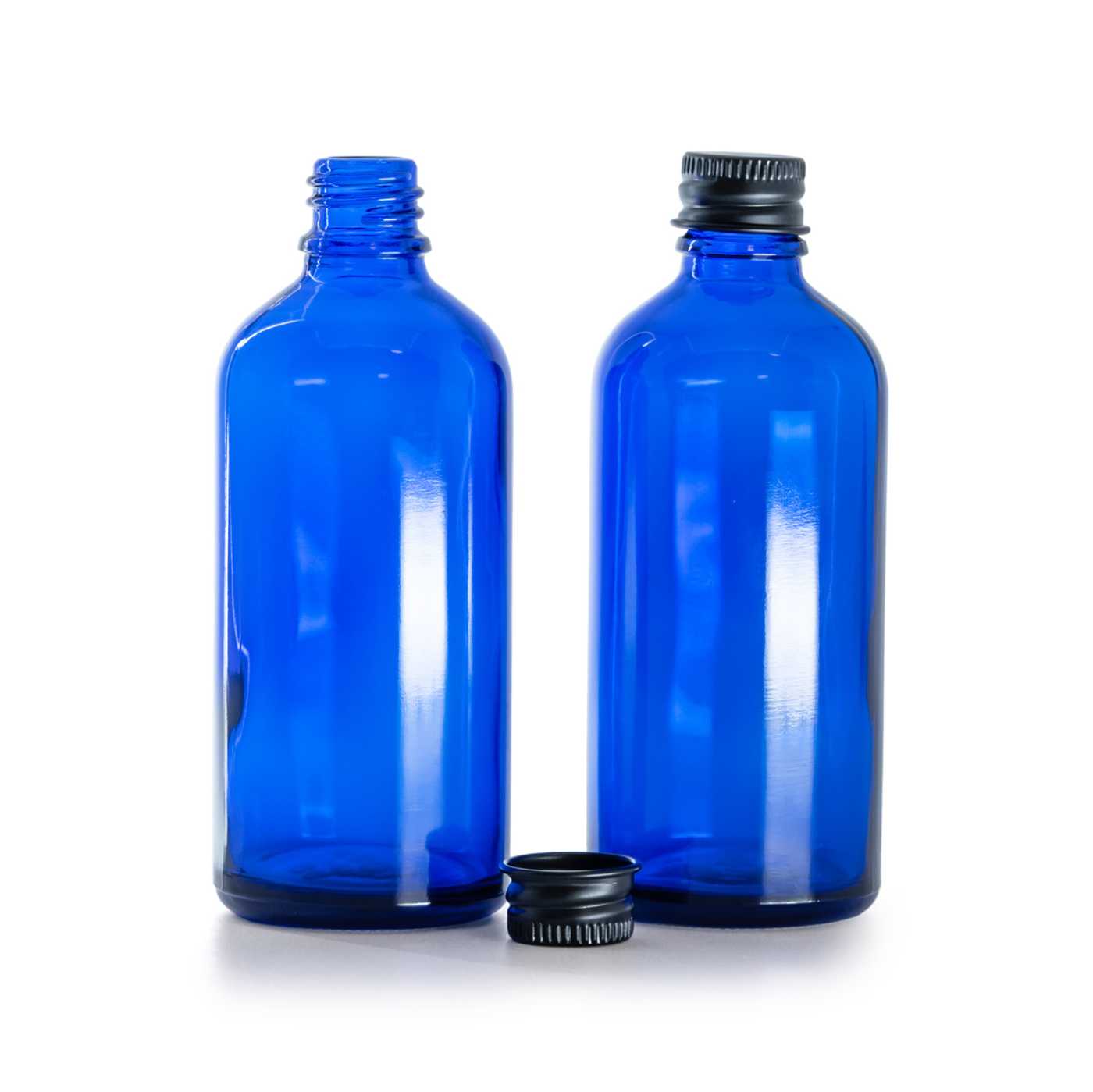 Kék üvegpalack fekete alumínium kupakkal, 100 ml