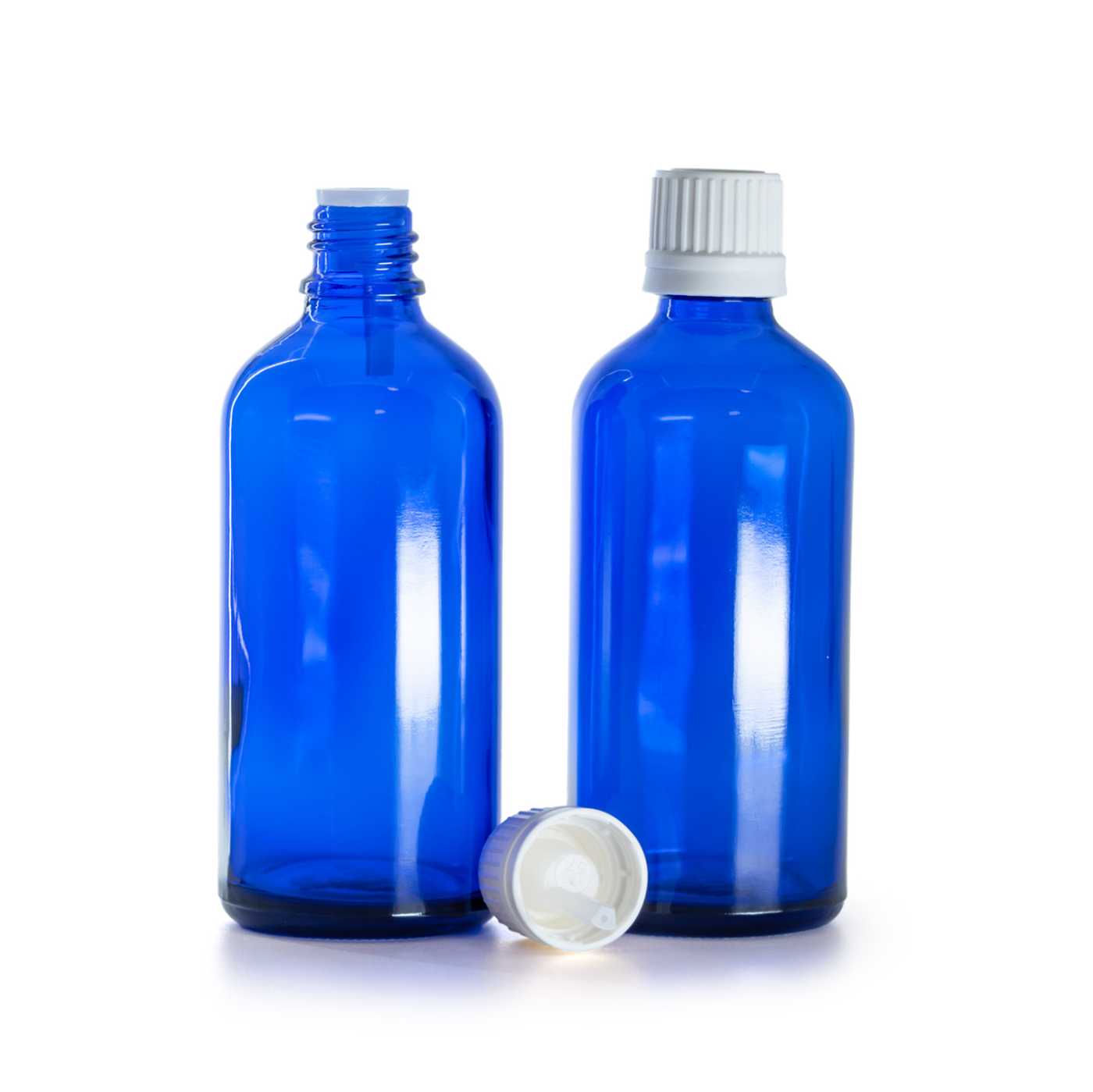 Kék üvegcse, fehér kupak cseppentő betéttel, 100 ml