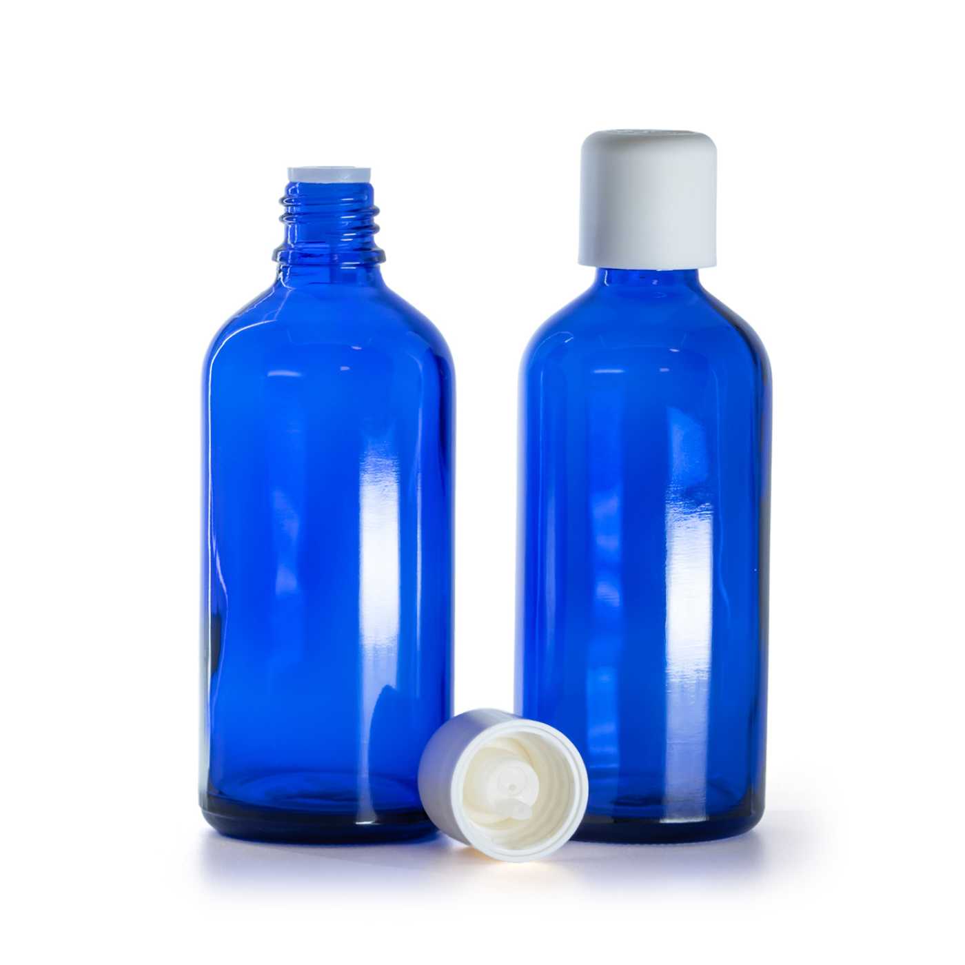 Kék üvegpalack, fehér biztonsági kupak cseppentővel, 100 ml
