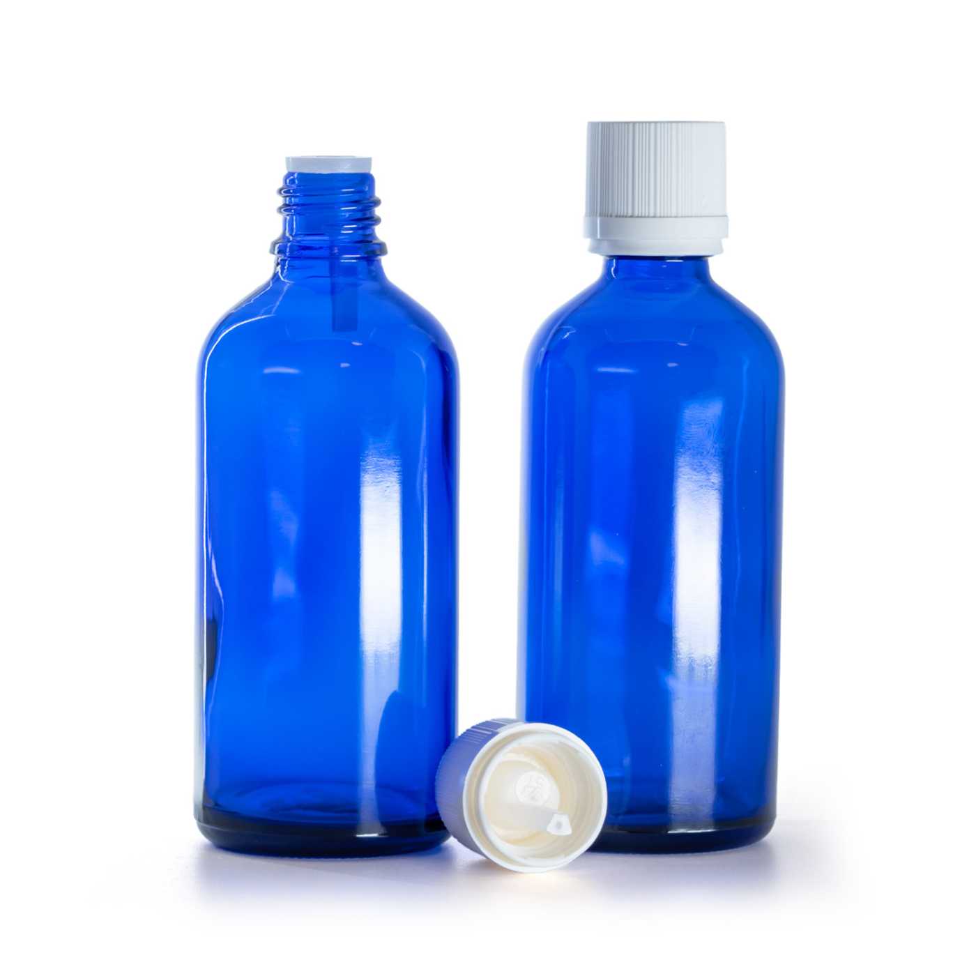 Kék üvegpalack, fehér garanciazáras cseppentős kupak, 100 ml