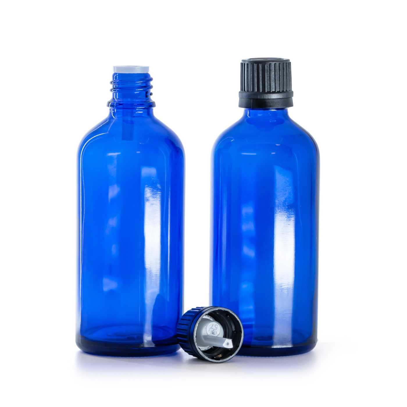 Kék üvegcse, fekete kupak cseppentő betéttel, 100 ml
