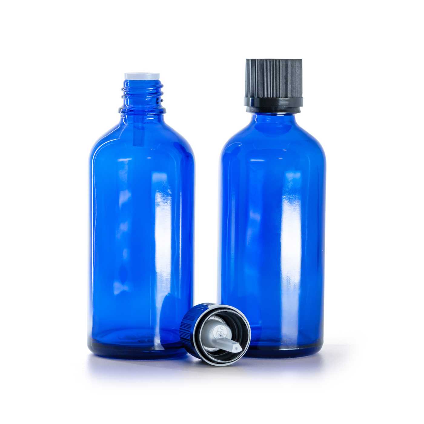 Flacon en verre bleu, bouchon de sécurité noir avec compte-gouttes, 100 ml