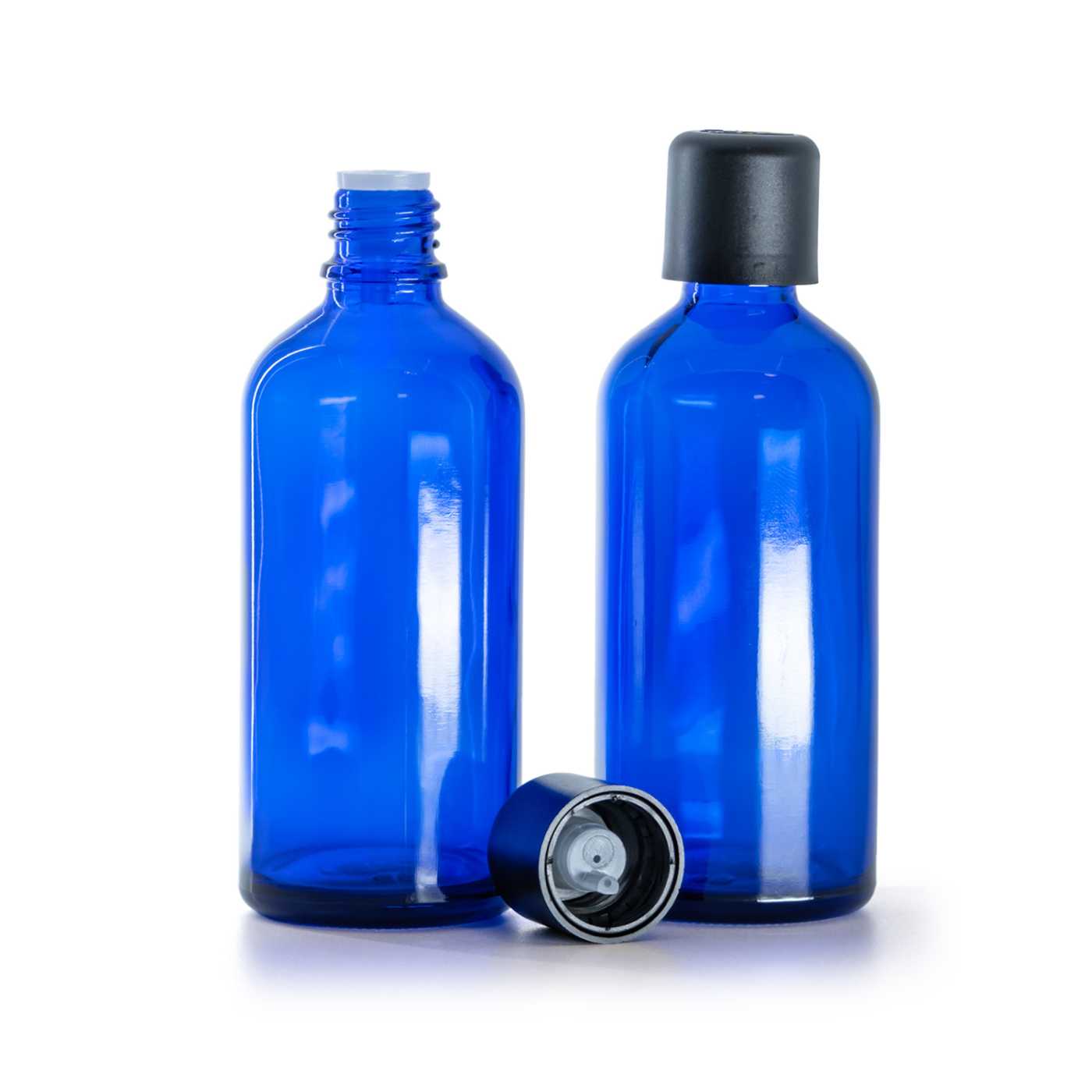 Kék üvegpalack, fekete garanciazáras cseppentős kupak, 100 ml
