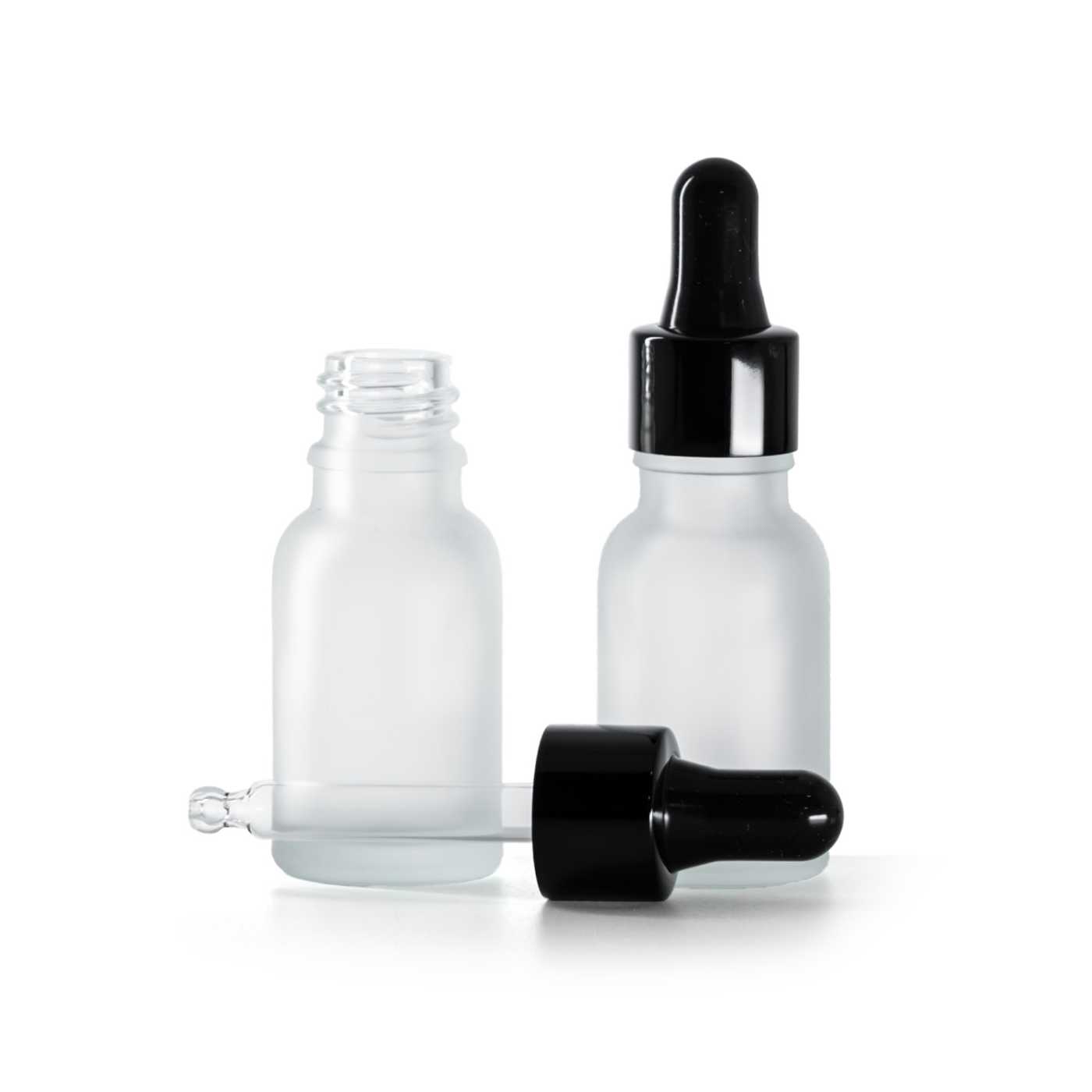 Butelka szklana przezroczysta mleczna, czarny błyszczący kroplomierz, 15 ml