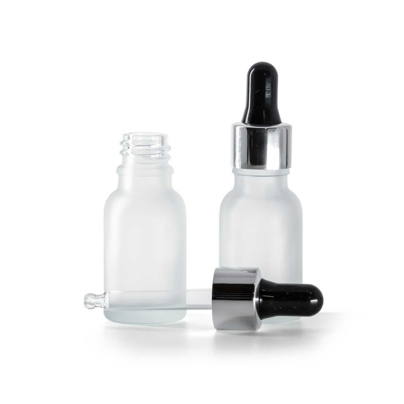 Butelka szklana przezroczysta mleczna, czarno-srebrny kroplomierz, 15 ml