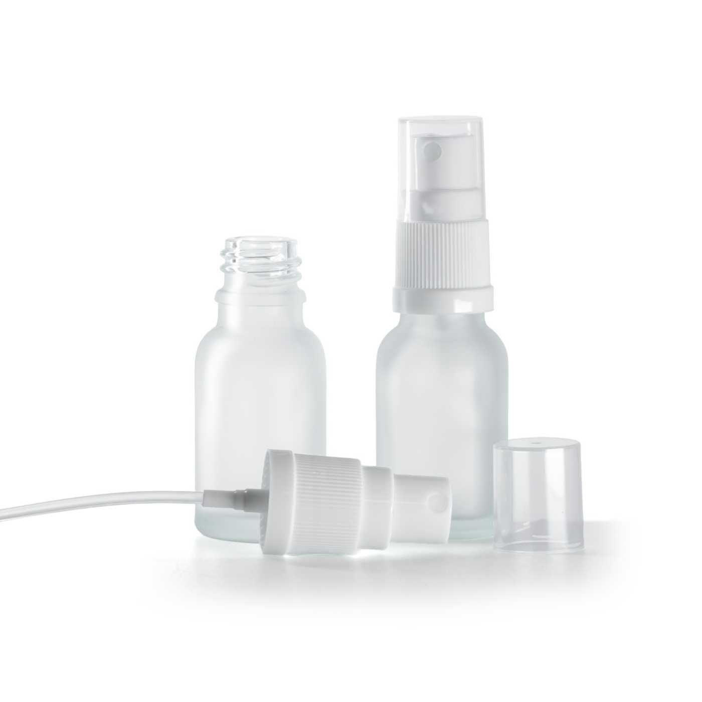 Butelka szklana przezroczysta mleczna, biały atomizer, 15 ml