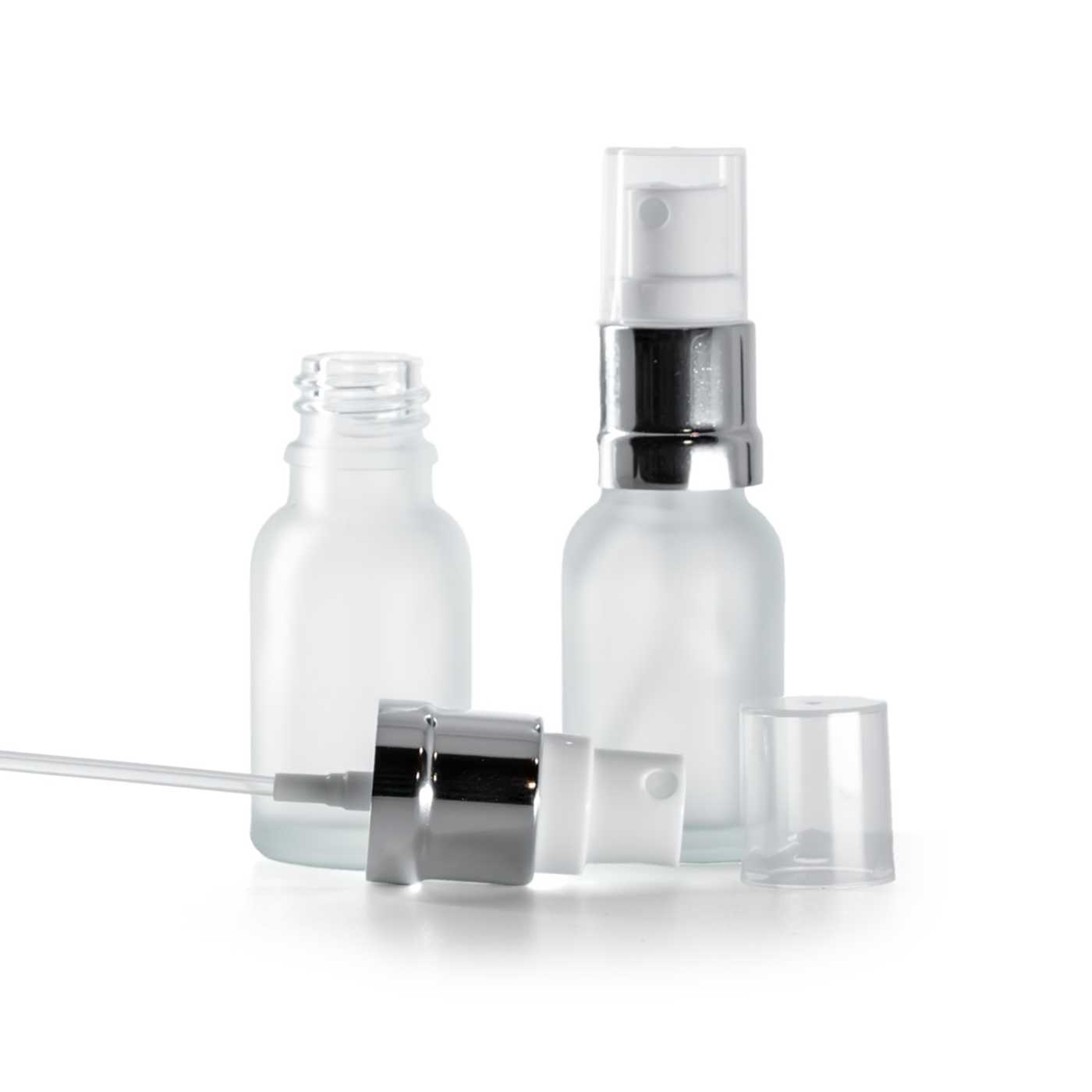 Butelka szklana przezroczysta mleczna, atomizer biało-srebrny, 15 ml