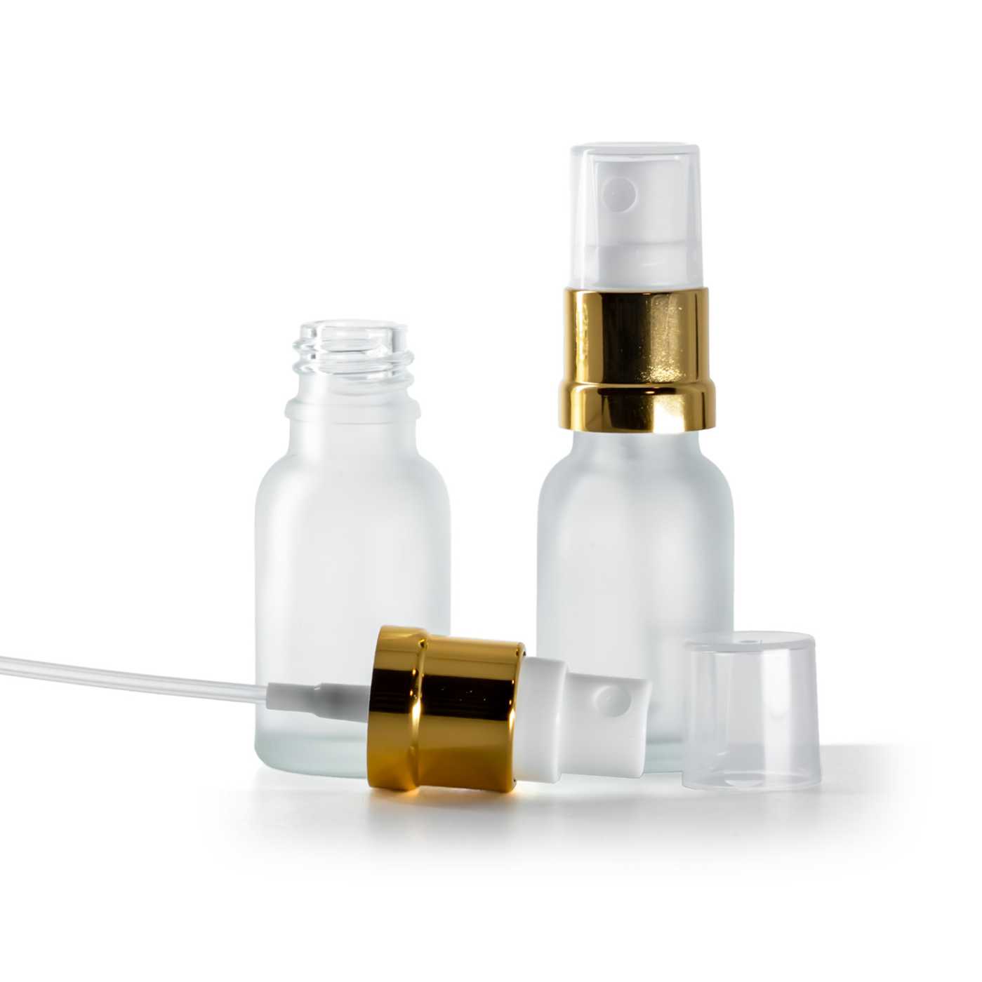 Butelka szklana przezroczysta mleczna, biało-złoty atomizer, 15 ml