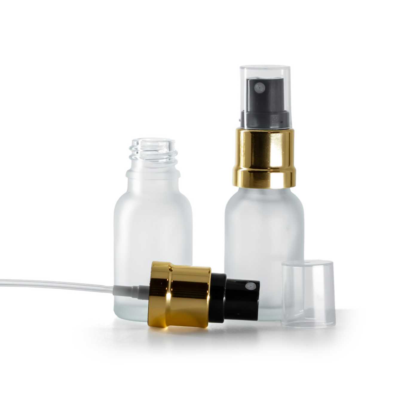 Butelka szklana, przezroczysta mleczna, czarno-złoty atomizer, 15 ml