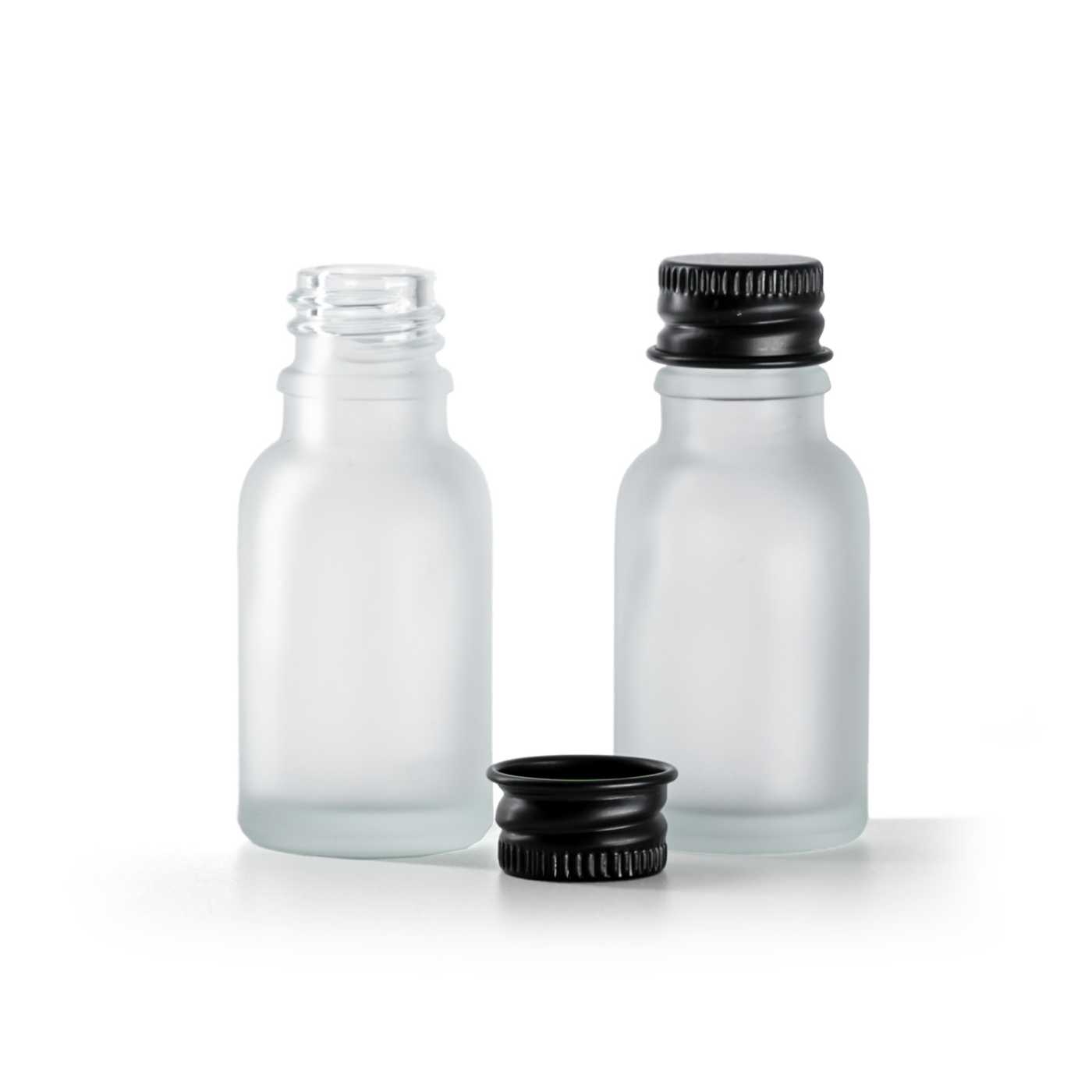 Butelka szklana, przezroczysta mleczna, czarna nakrętka aluminiowa, 15 ml