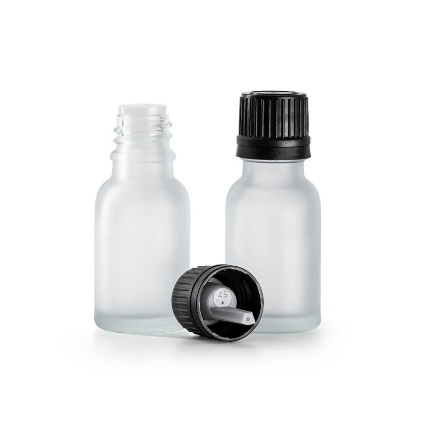 Butelka szklana, przezroczysta mleczna, czarna nakrętka z kroplomierzem, 15 ml
