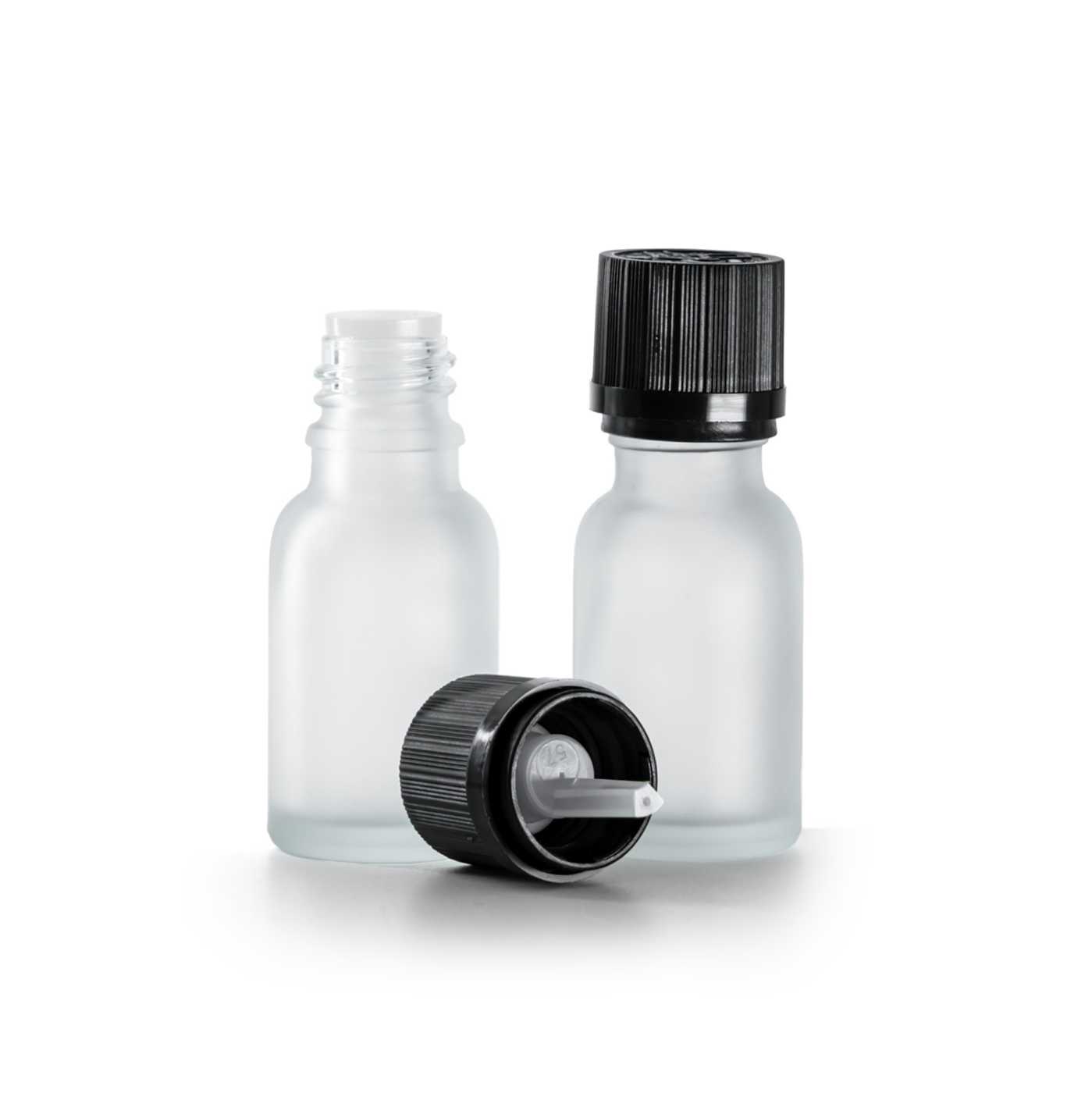 Butelka szklana, przezroczysta mleczna, czarna ryflowana nakrętka z zabezpieczeniem, 15 ml