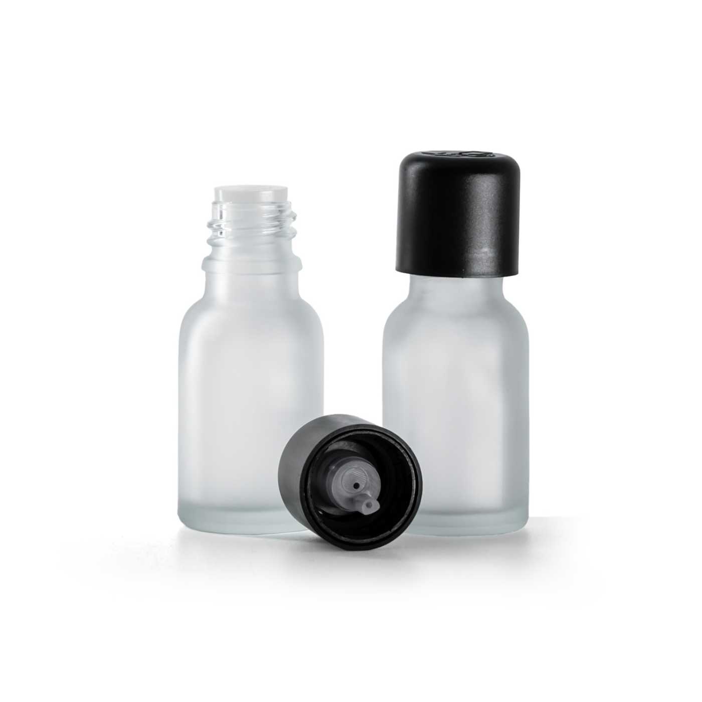Butelka szklana, przezroczysta mleczna, czarna nakrętka z zabezpieczeniem, 15 ml